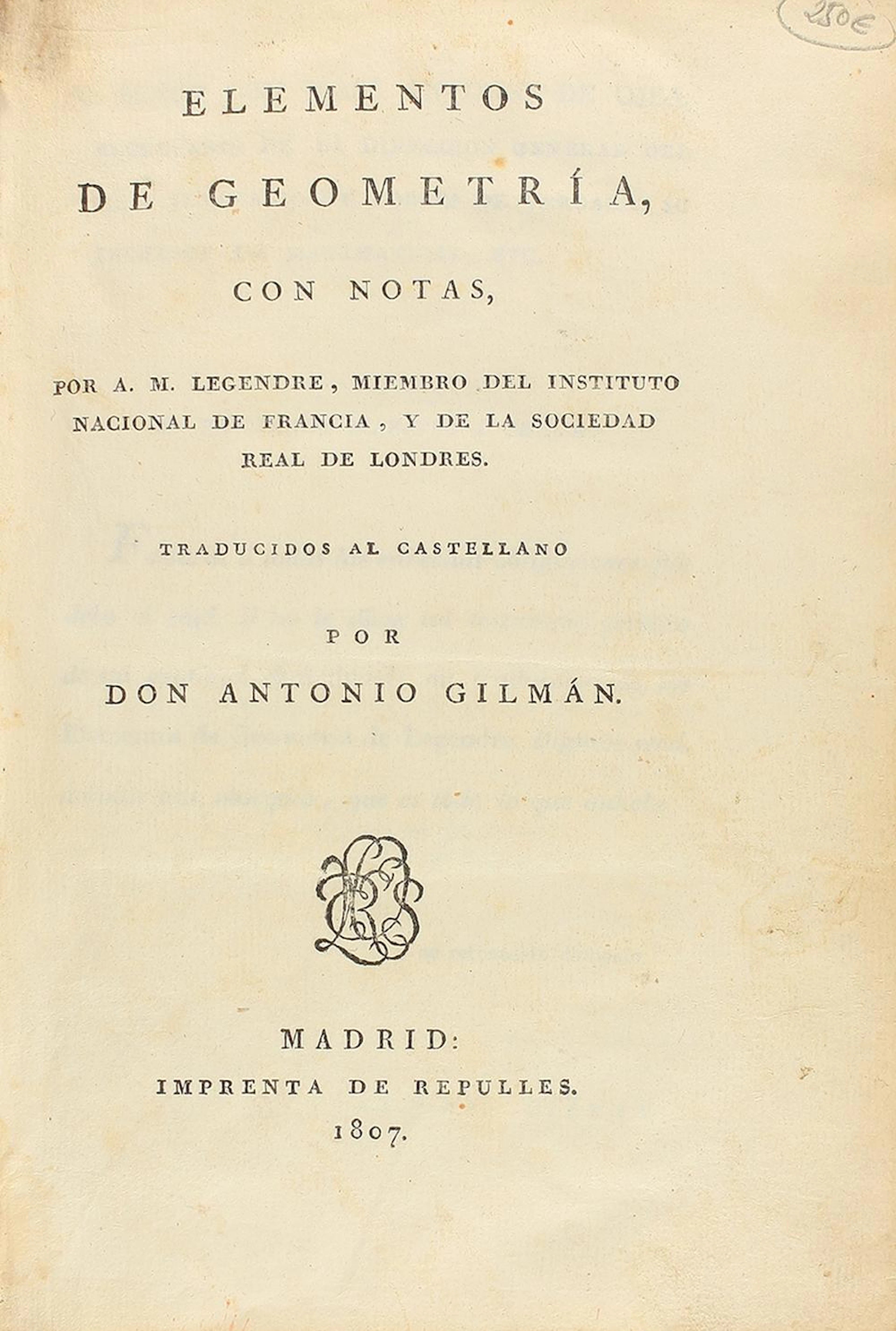 1807. LIBRO: (GEOMETRÍA). LEGENDRE, A. M.: ELEMENT?