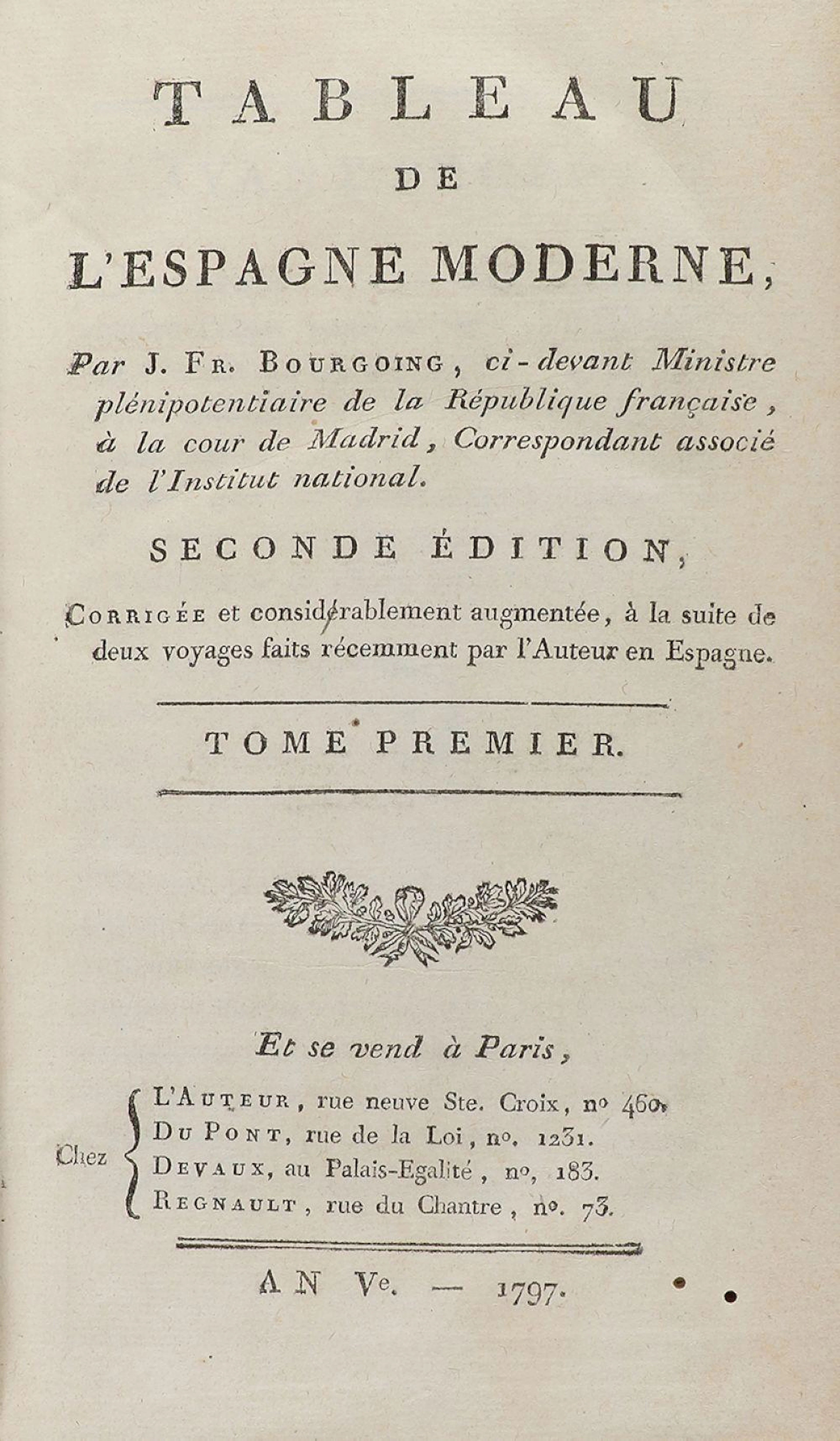1797. LIBRO: (VIAJES-ESPAÑA). BOURGOING, J.: TABLE?