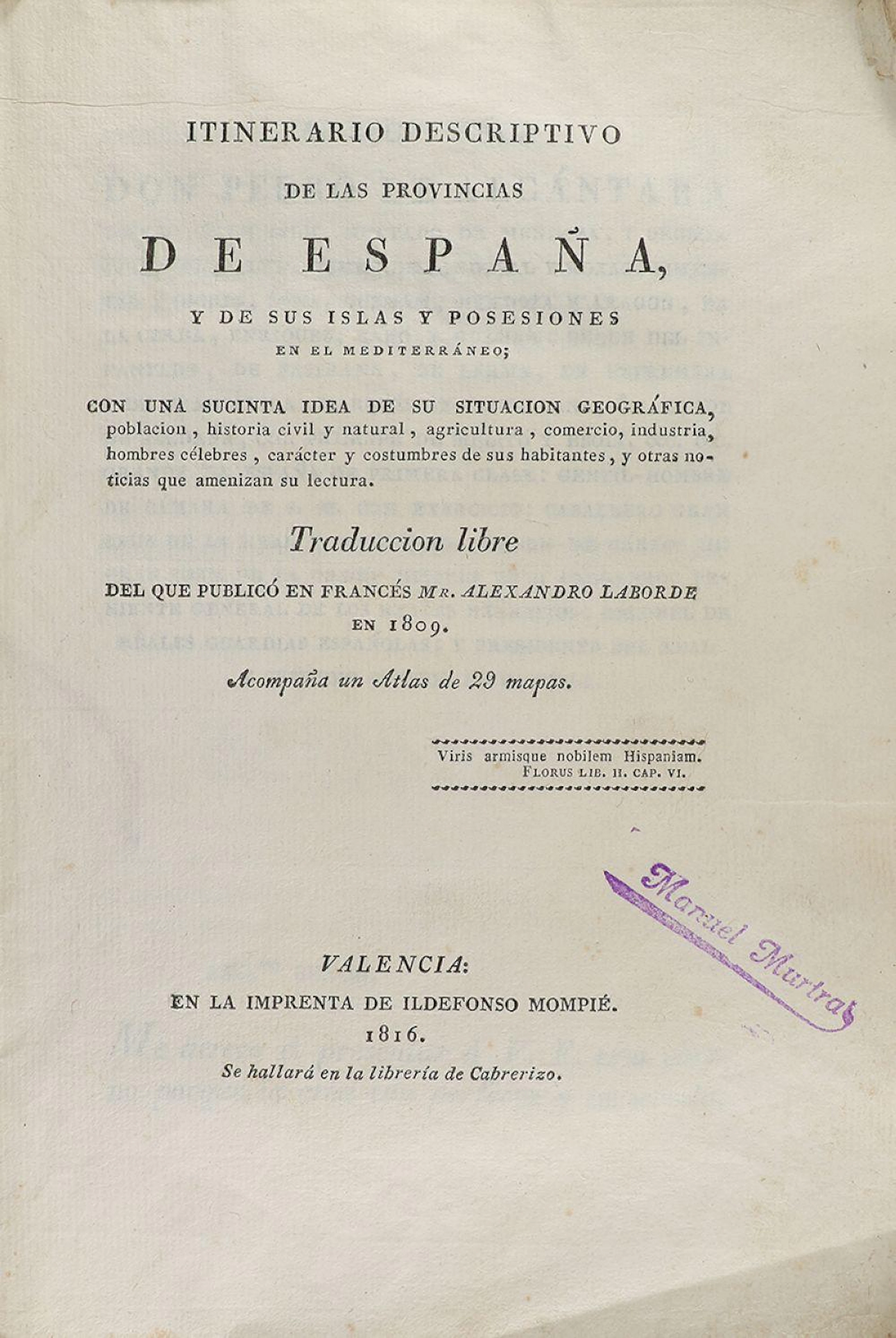 1816. LIBRO: (VIAJES). LABORDE, ALEXANDRO: ITINERA?