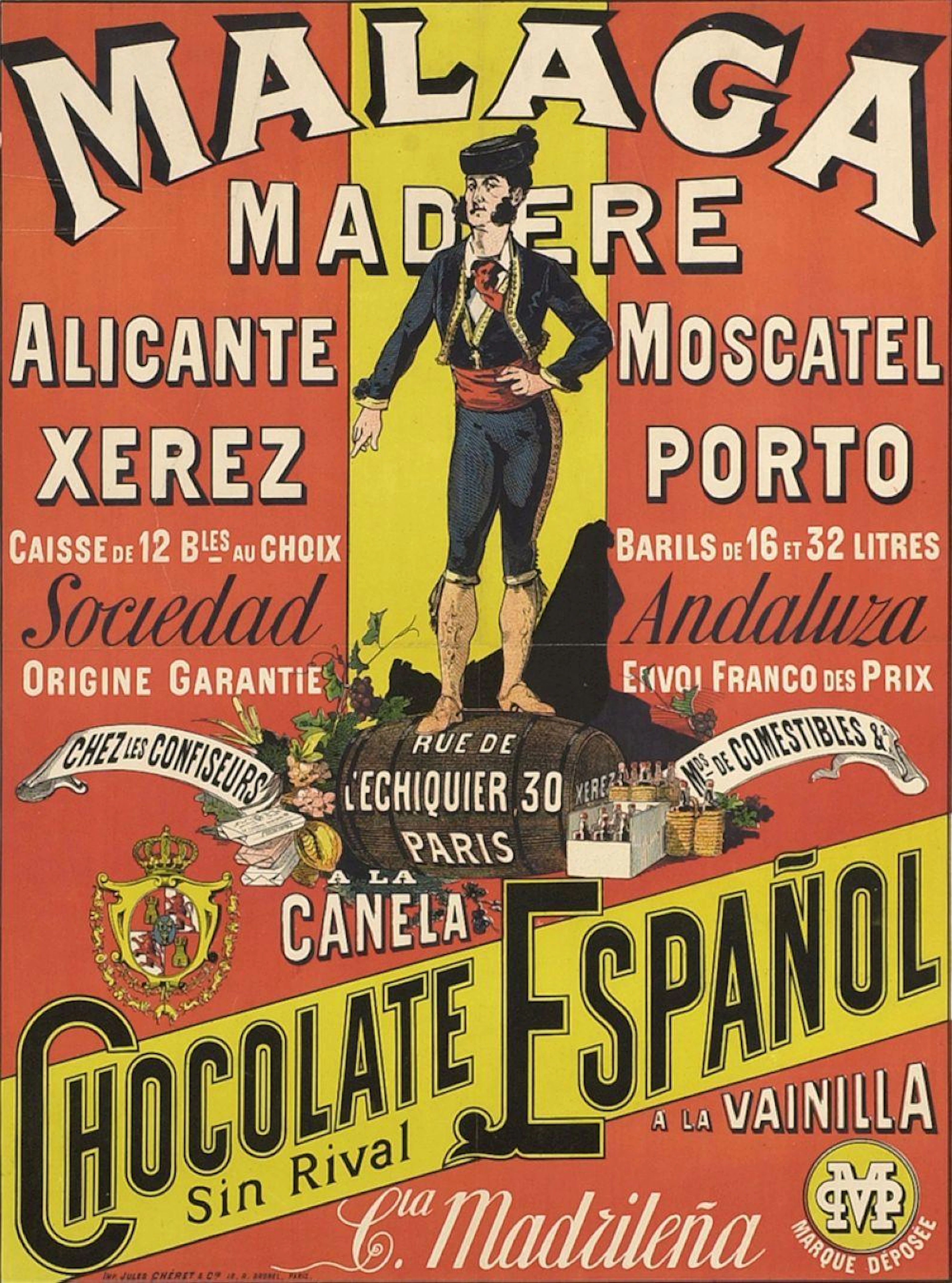 (1900 ca.). CARTEL: VINO DE MALAGA Y CHOCOLATE ESP?