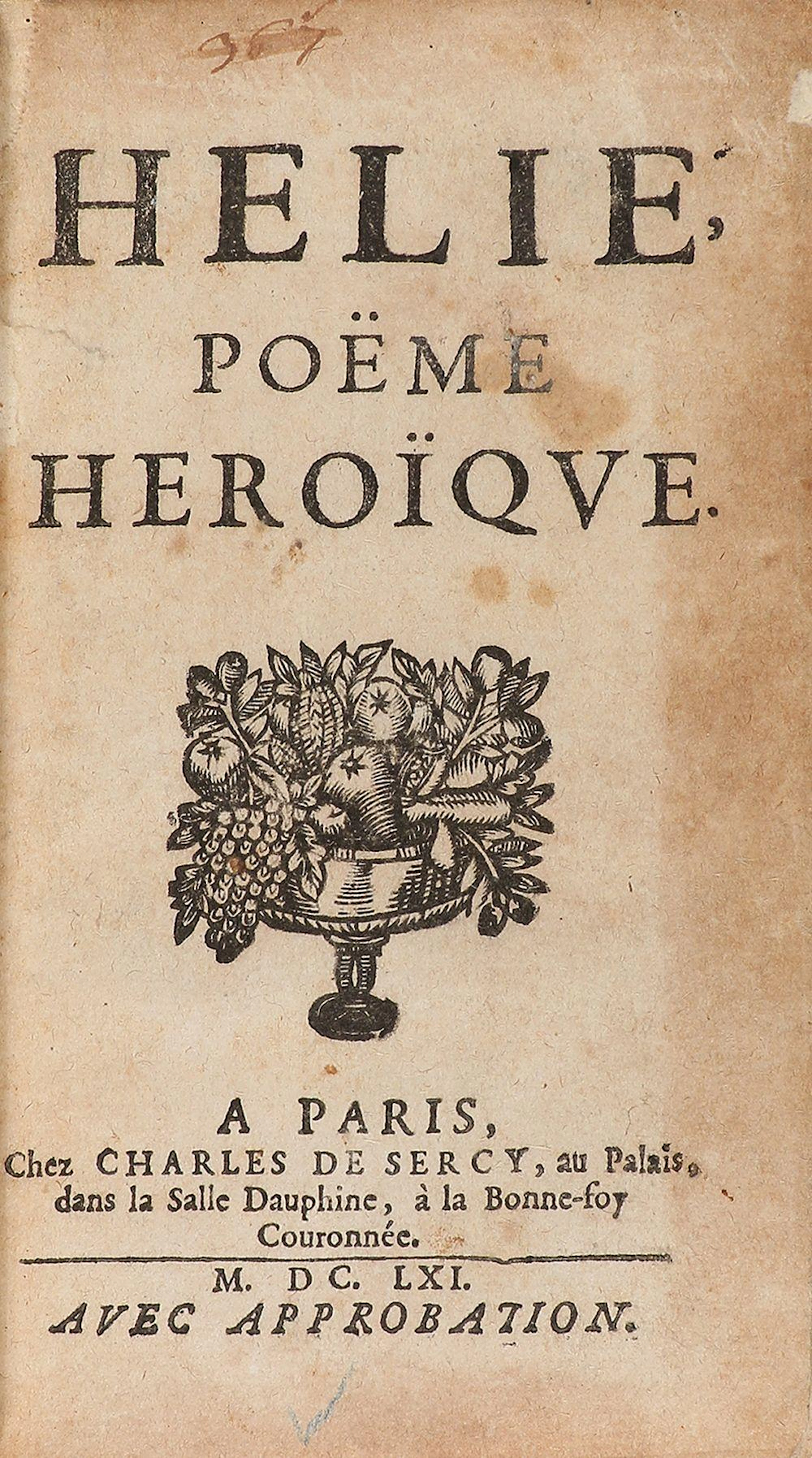 1661. LIBRO: (LITERATURA). HELIE. POËME HEROÏQUE. ?