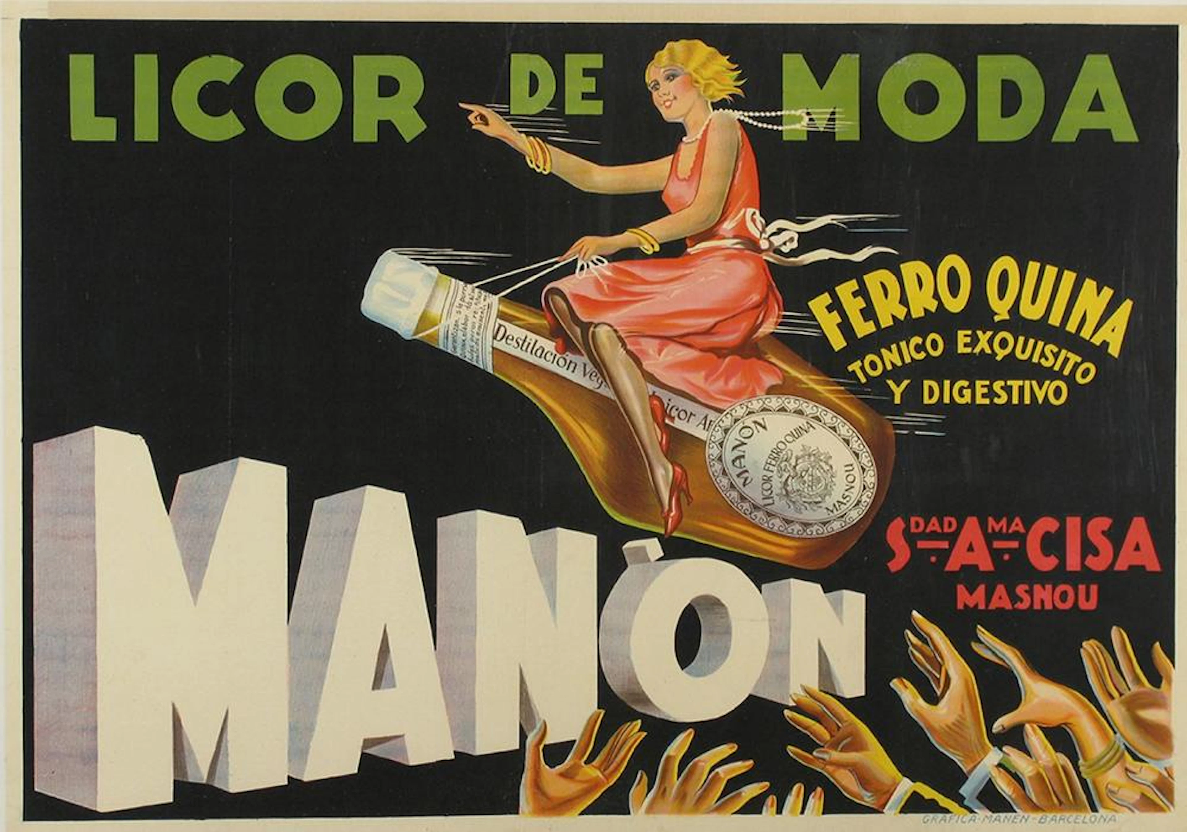 1930 ca. CARTEL: MANON, LICOR DE MODA. Litografía. 70 x 100 cm (2