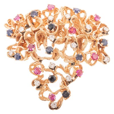 A Diamond, Sapphire & Ruby Brooch/Pendant in 14K