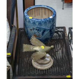 Japanese Porcelain Planter & Brass Bird Sculpture