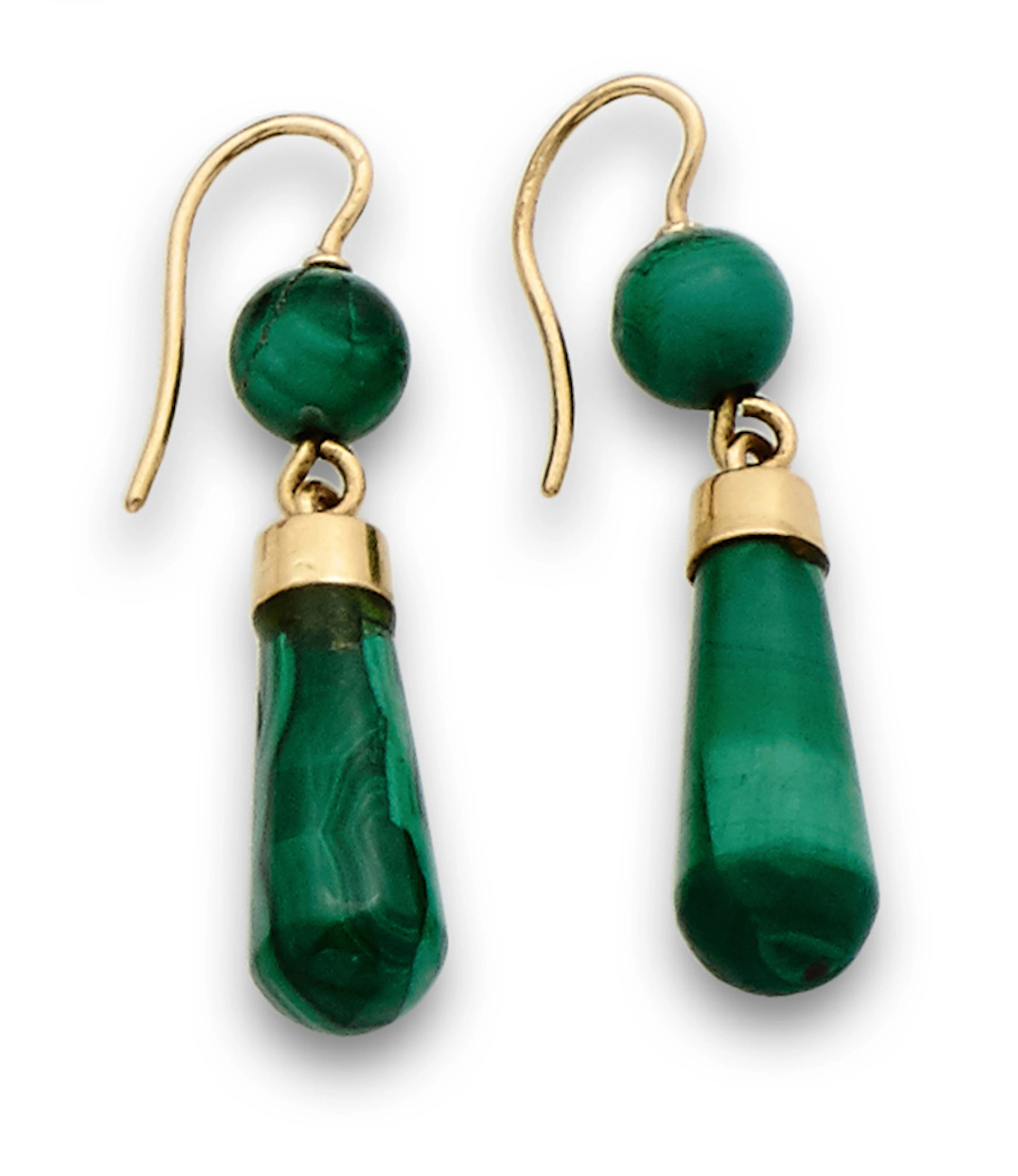 Pendientes largos de malaquita con cuenta esfrica y perilla colgante.