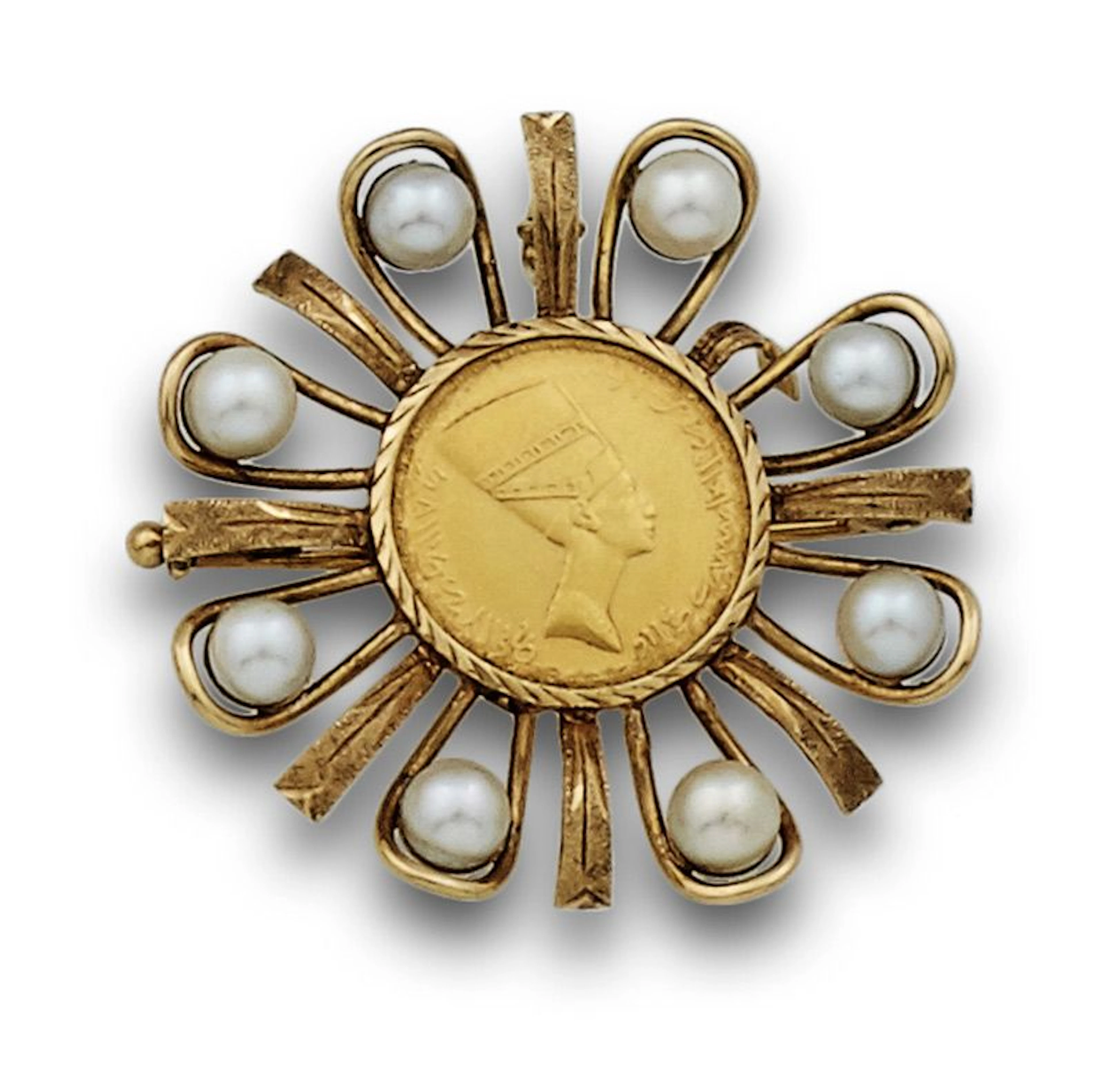 Broche-colgante circular con moneda de nefertiti y orla de perlas