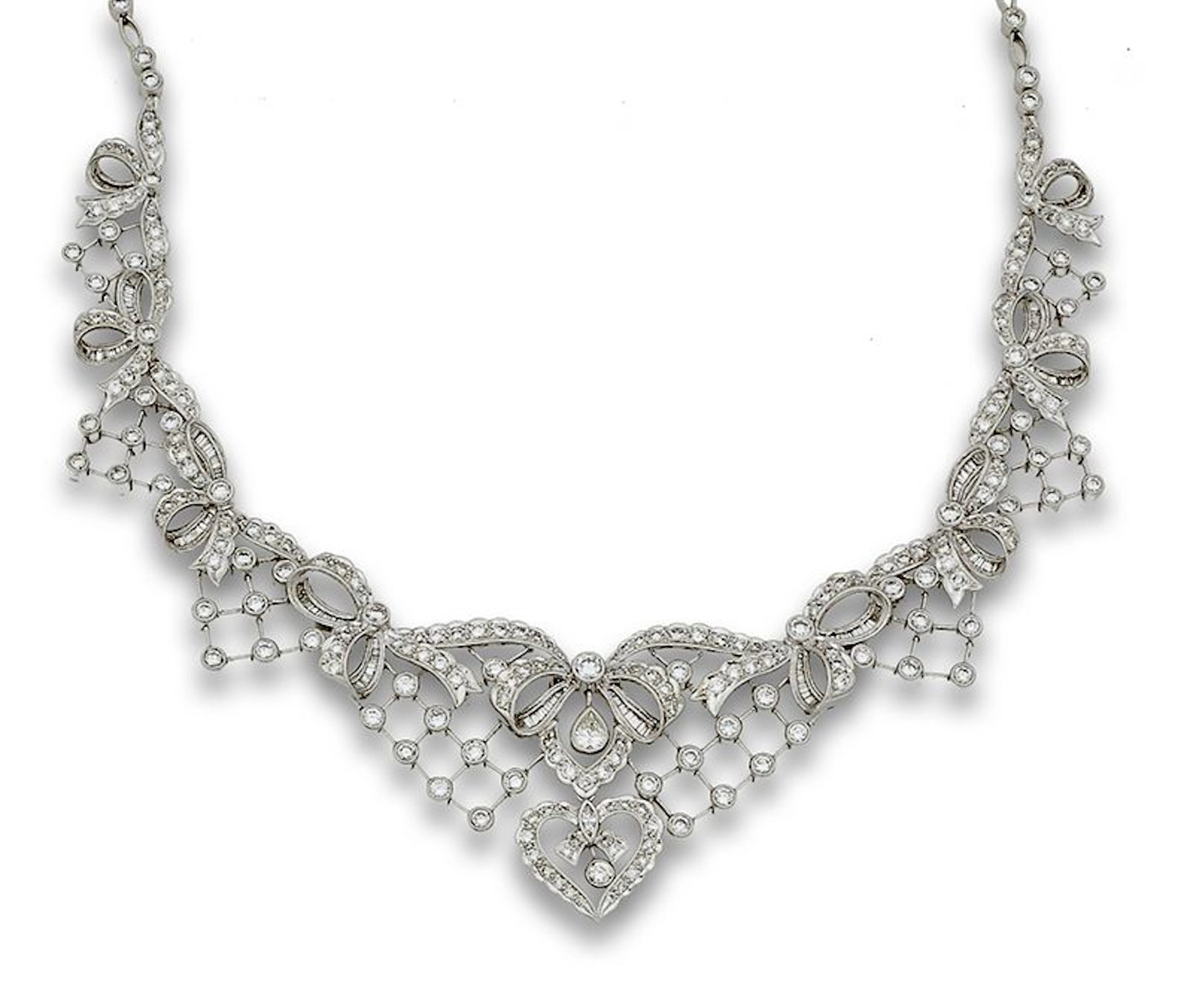 Collar de brillantes y diamantes baguette y perilla estilo belle poque