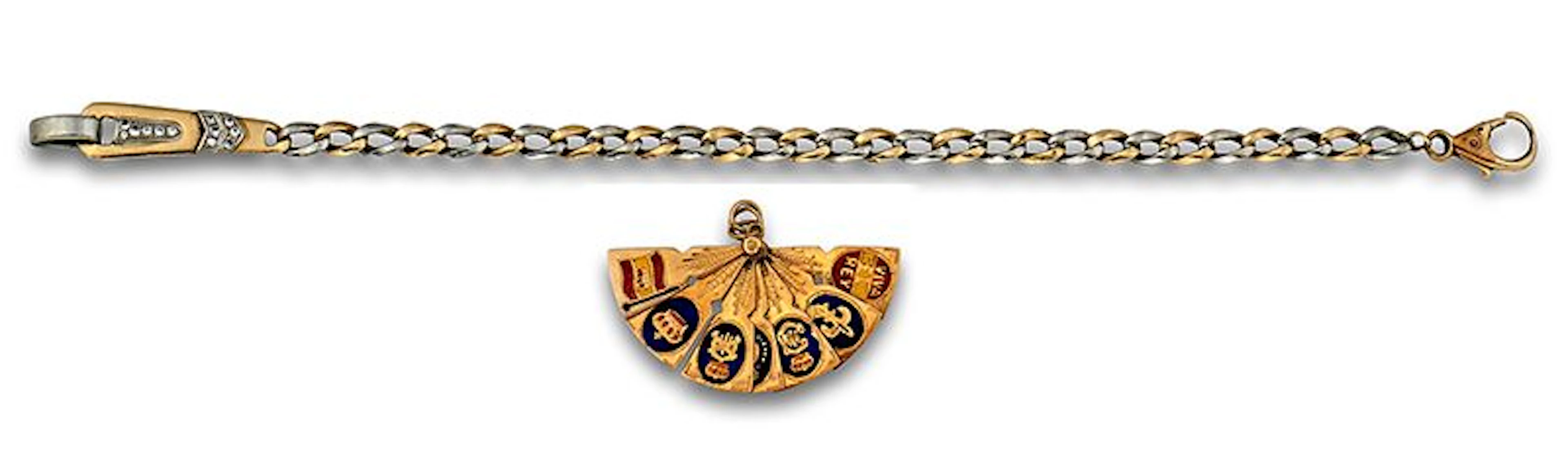 Lote de pulsera oro bicolor y brillantes y colgante abanico esmaltes en oro.