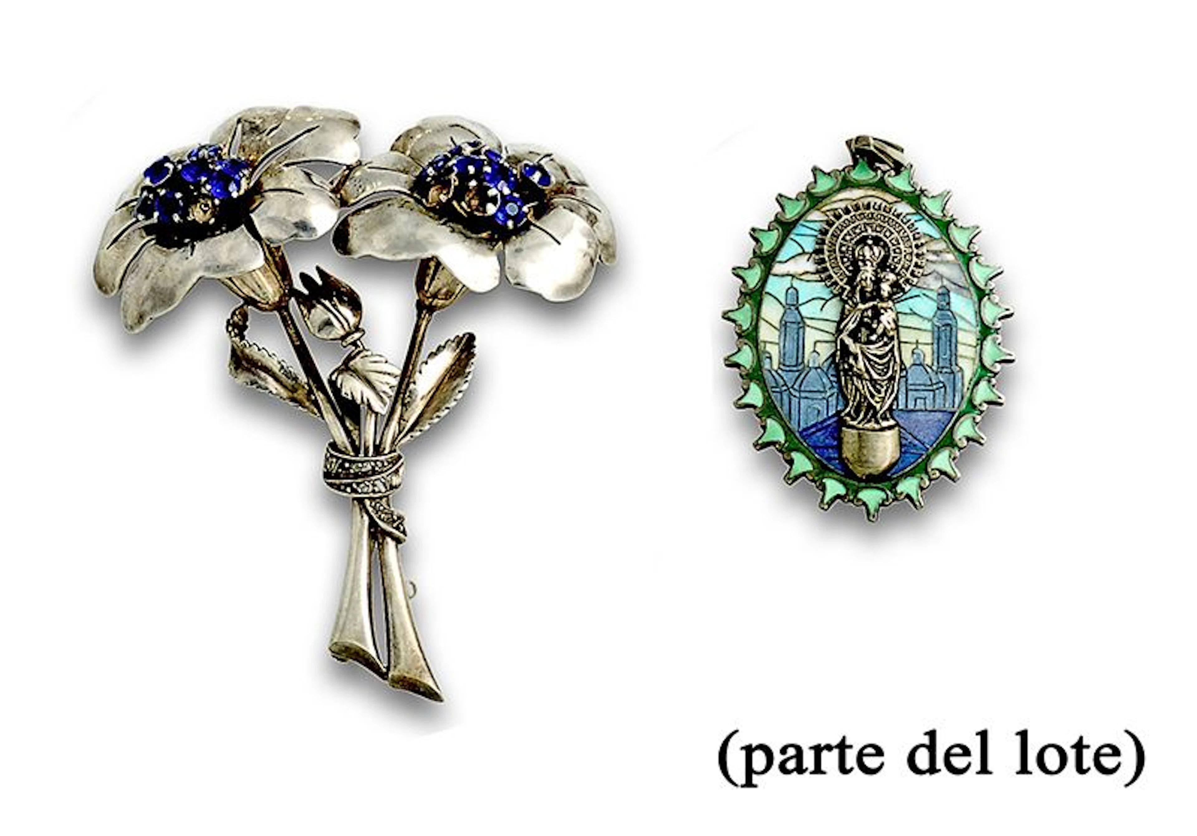 Lote de Broche flor de plata y cristal azul,dos colgantes(plata esmalte