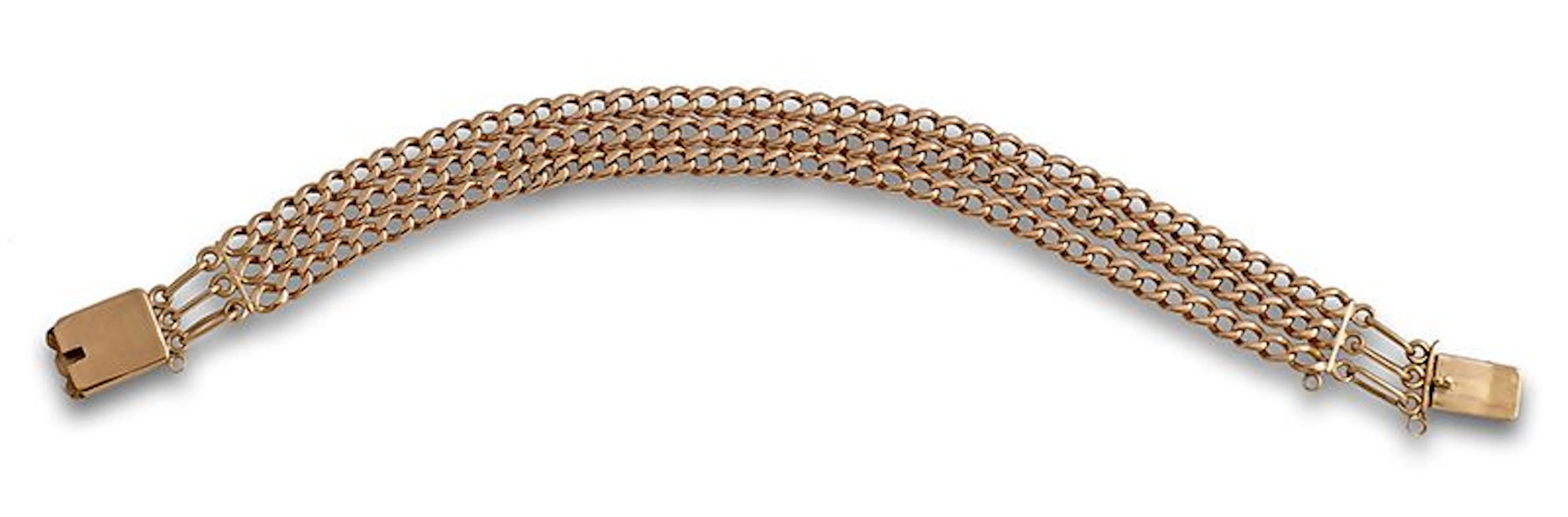 Pulsera con tres cadenas de eslabn barbado en oro de 18K.