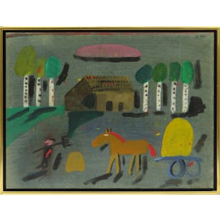 Pyk, Madeleine, olja, lantgård, signerad, 35 x 46 cm