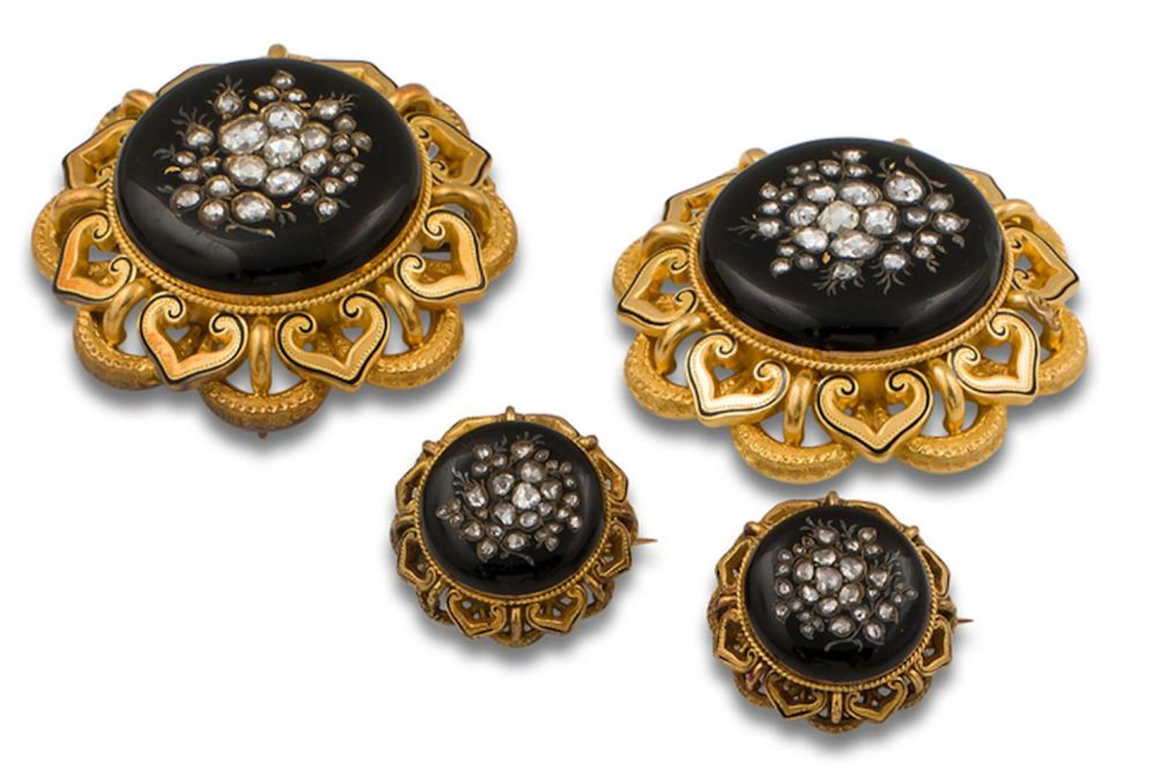 A SET OF FOUR VINTAGE GOLD, ENAMEL, JET AND DIAMOND BROOCHES, CIRCA 1900