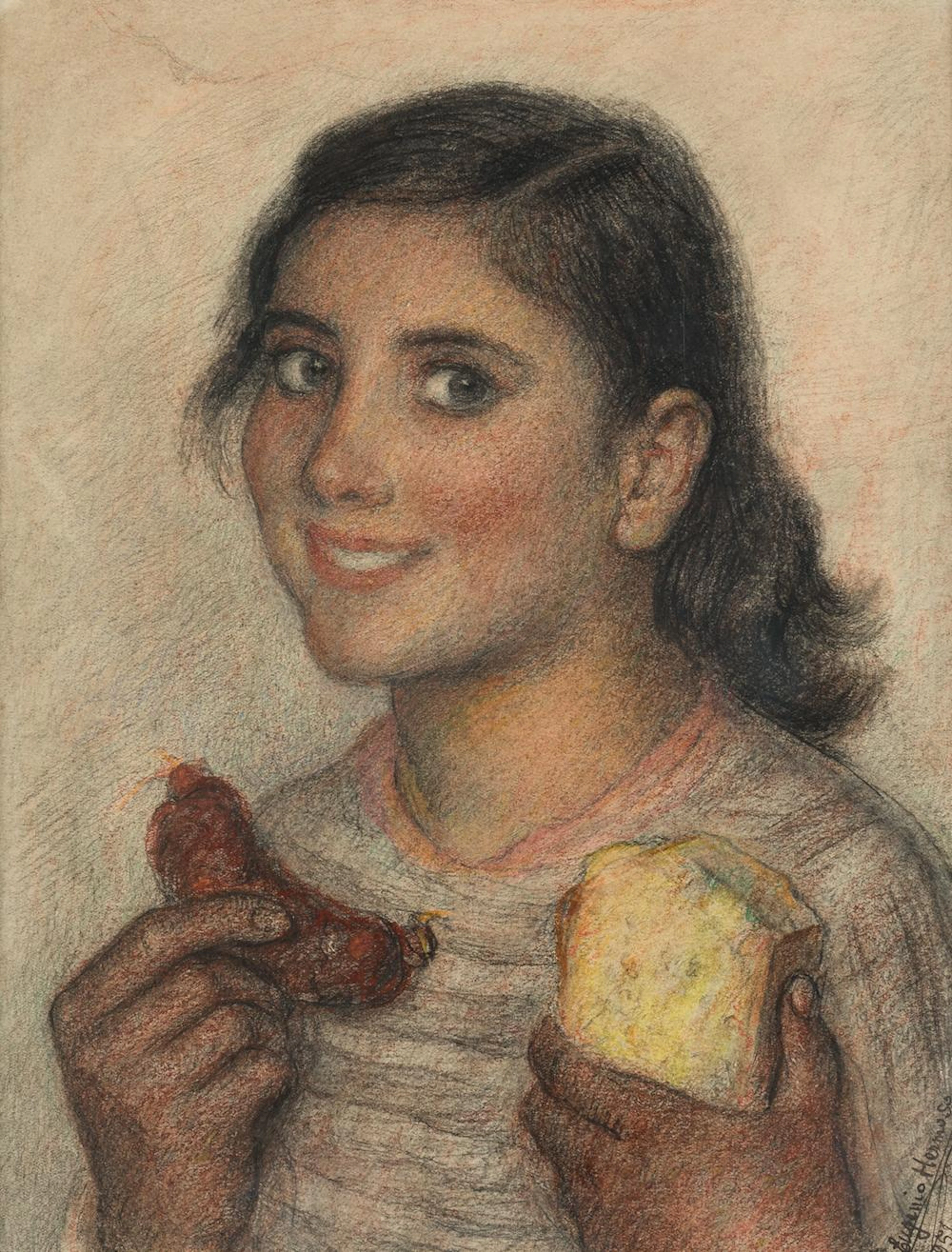 EUGENIO HERMOSO "Girl with chorizo ??and crust of bread", 1951