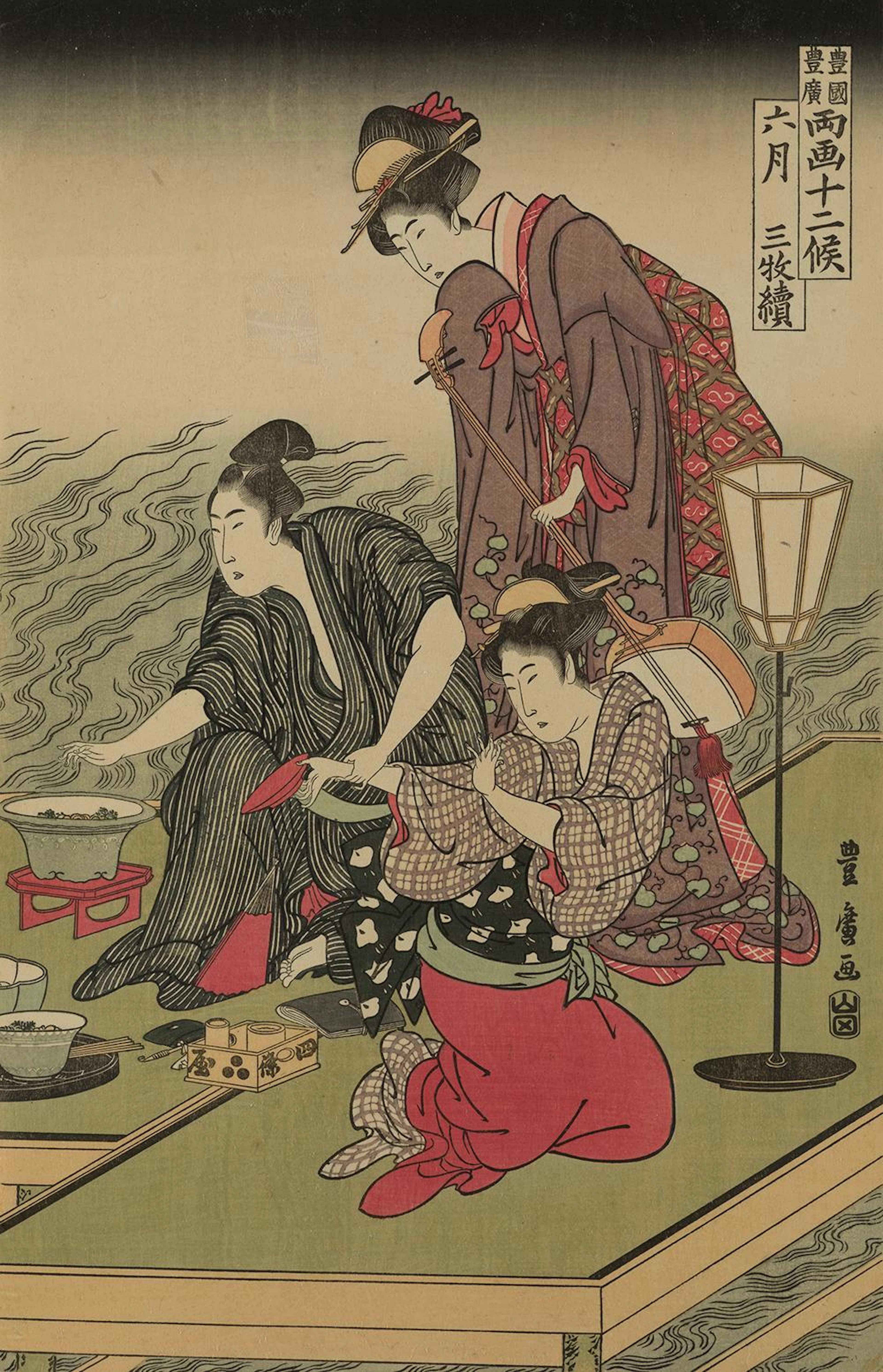 OKUMURA MASANOBU (1686 / 1764) "Evening with musicians in front of the sea"