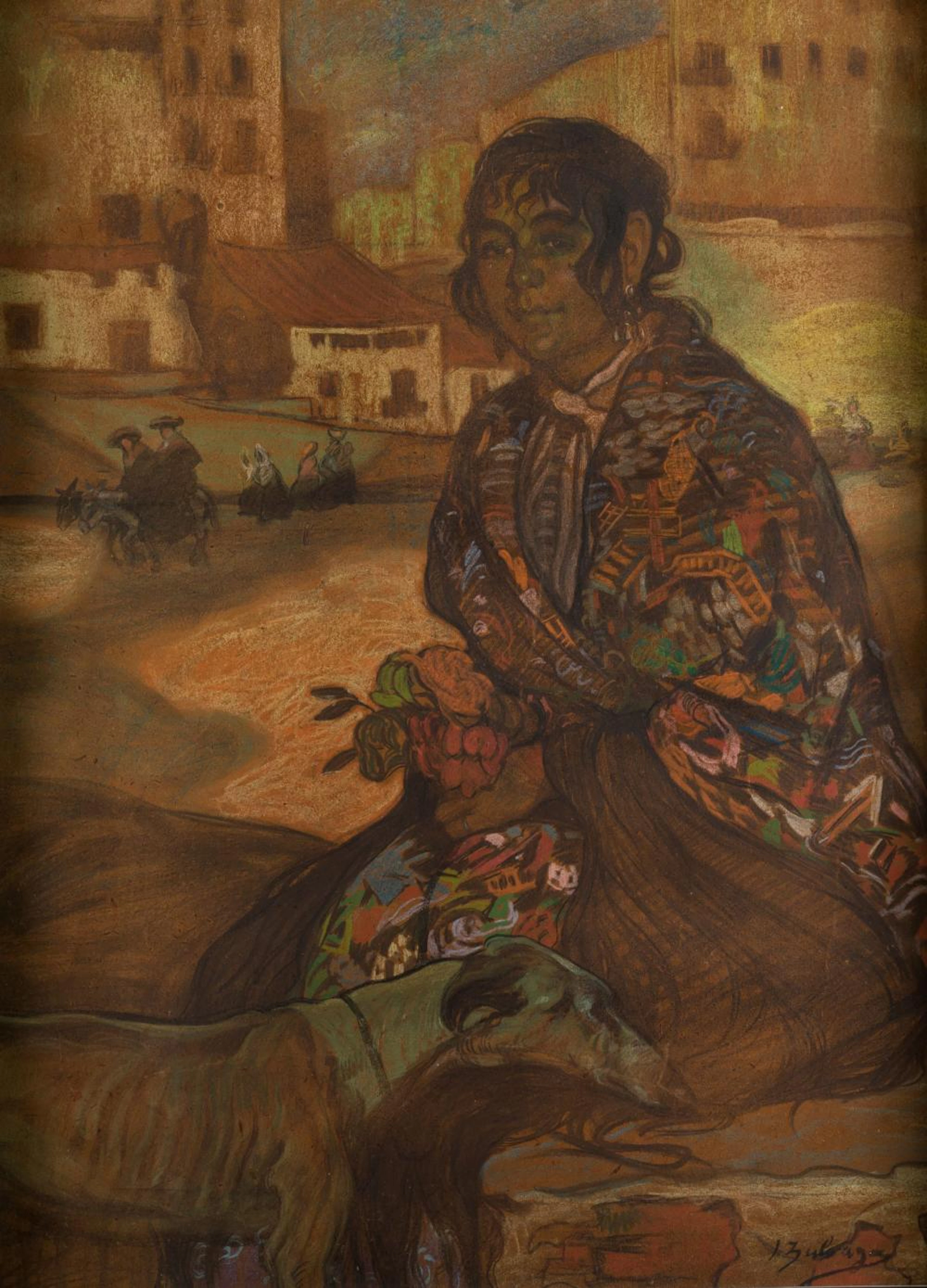 IGNACIO ZULOAGA (1870 / 1945) "Portrait of a gypsy woman in a landscape"