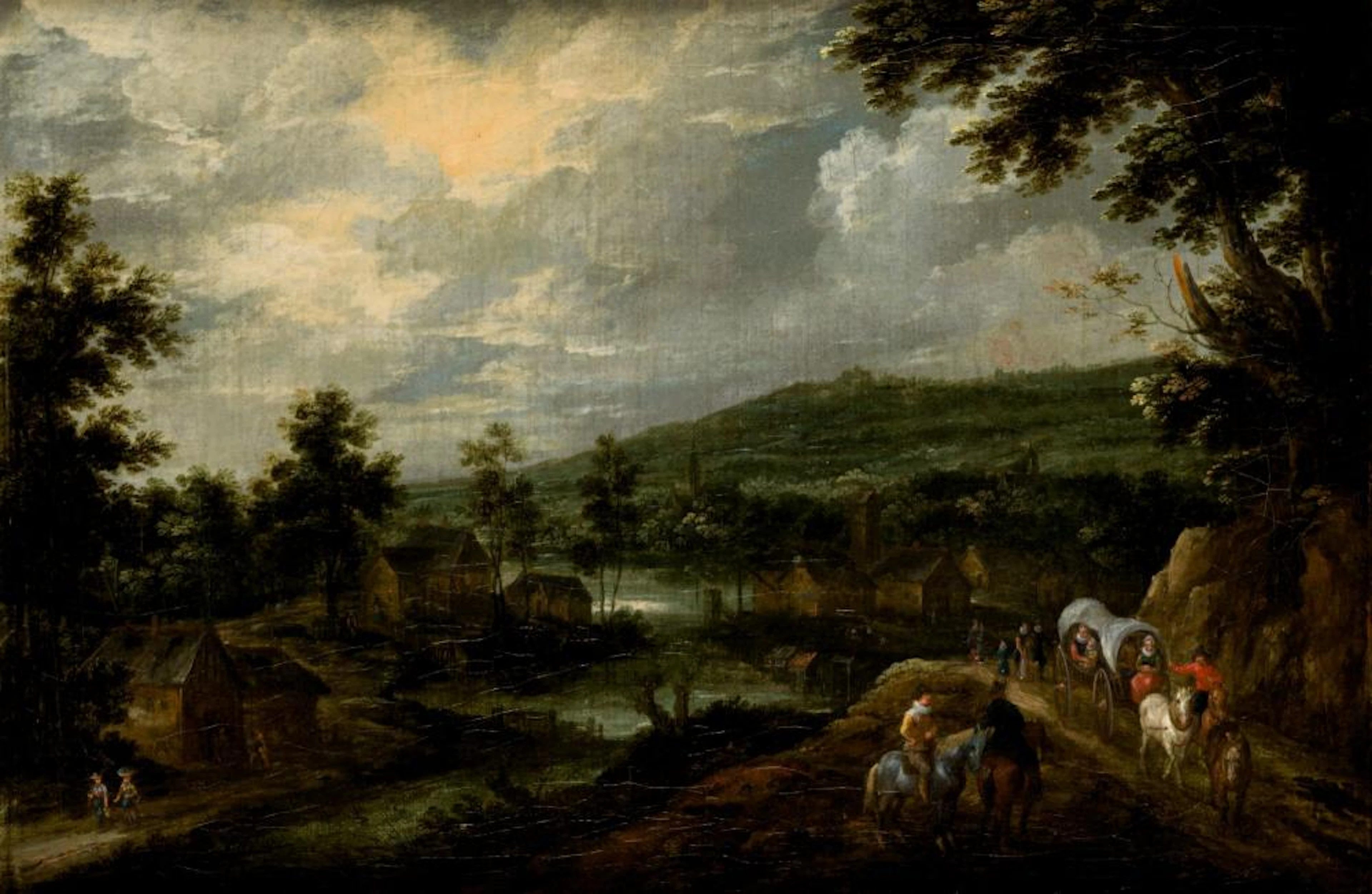 AMBROSIUS BRUEGHEL (1617 / 1675) "Landscape with horsemen and carriages"