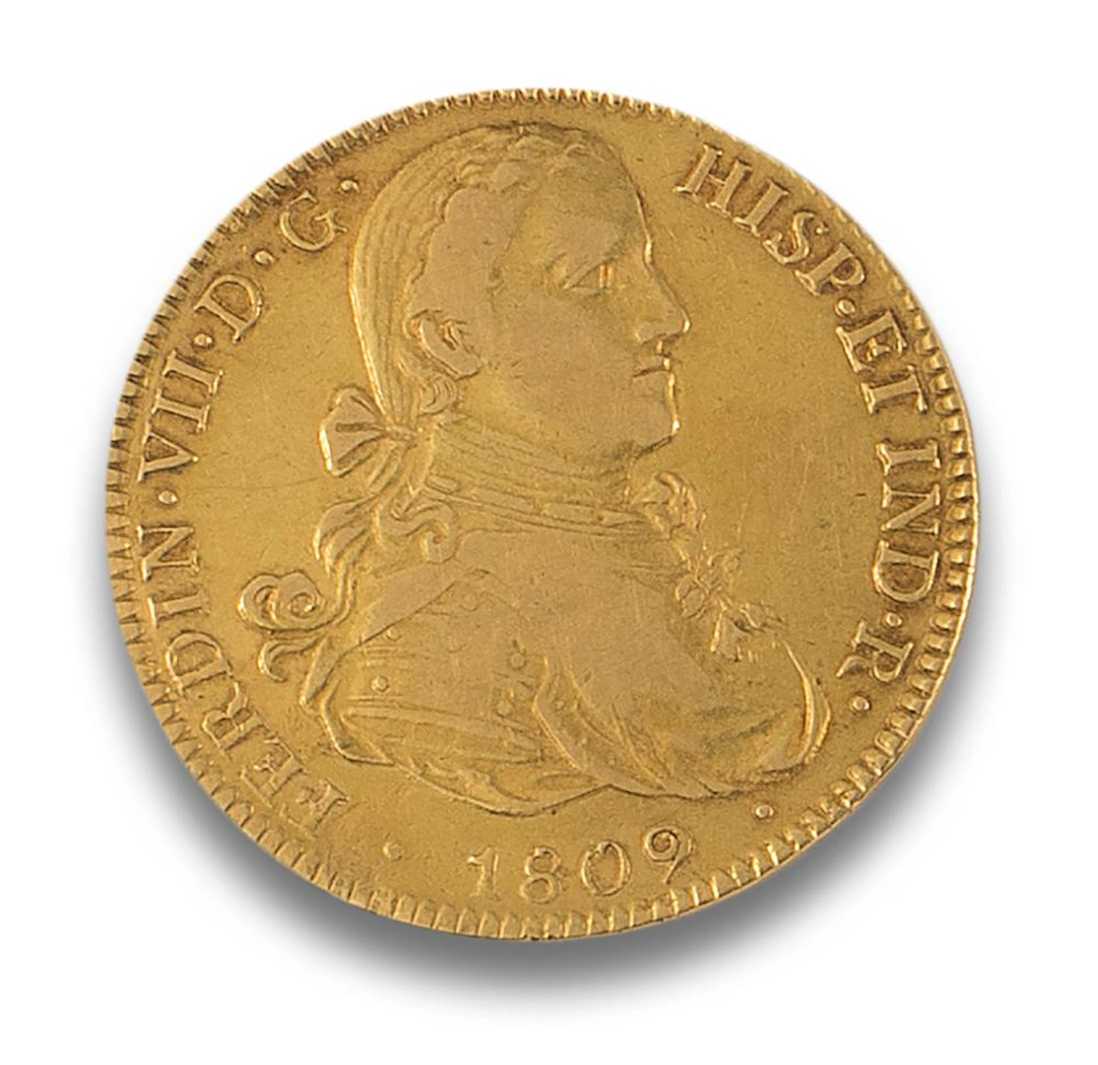 Moneda de oro PELUCONA, Ocho escudos Fernando VII, de 1809.  Peso: 26,5 gr.