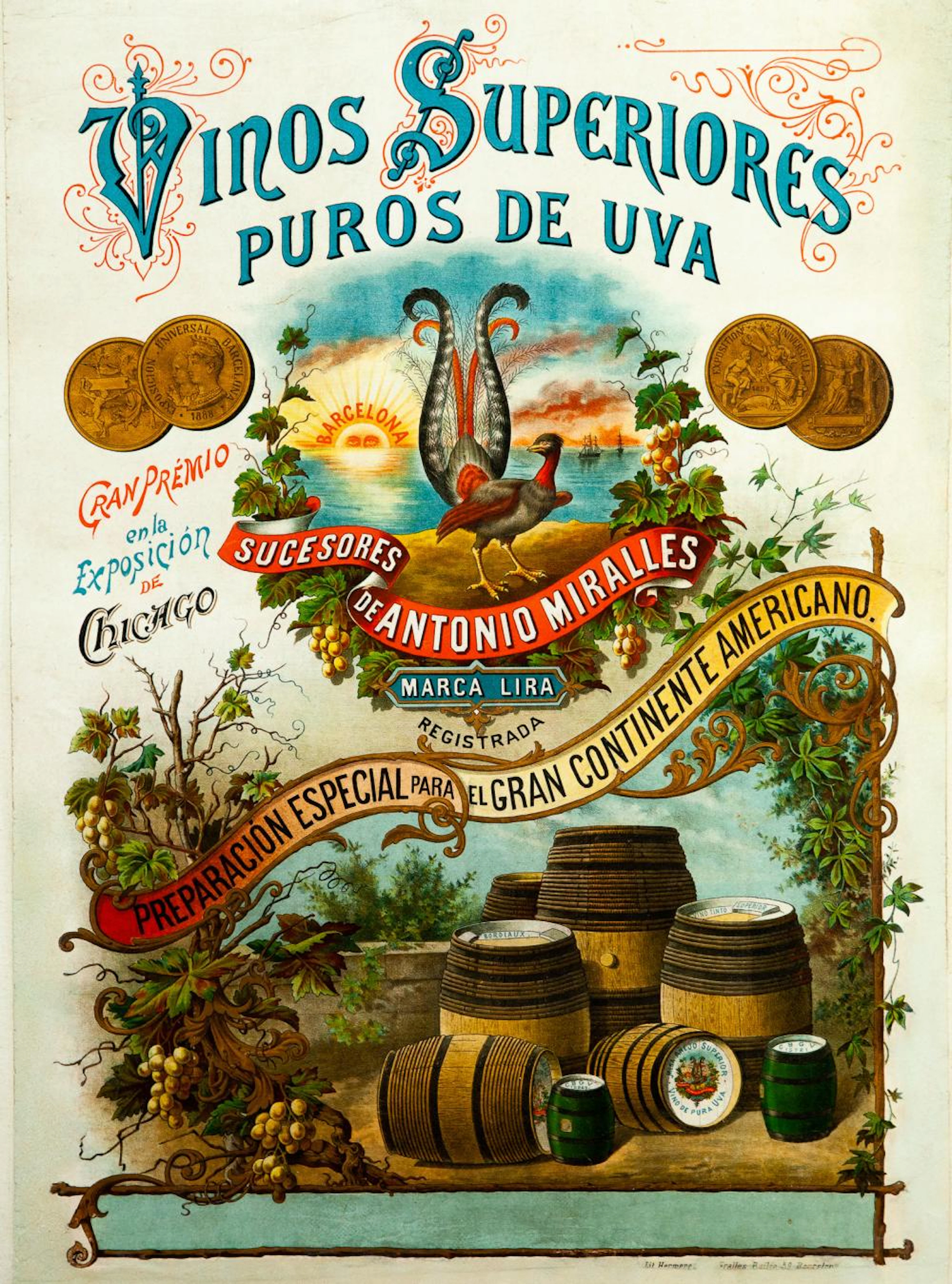 POSTER VINOS SUPERIORES PUROS DE UVA...PARA EL GRAN CONTINENTE AMERICANO. Anonym.