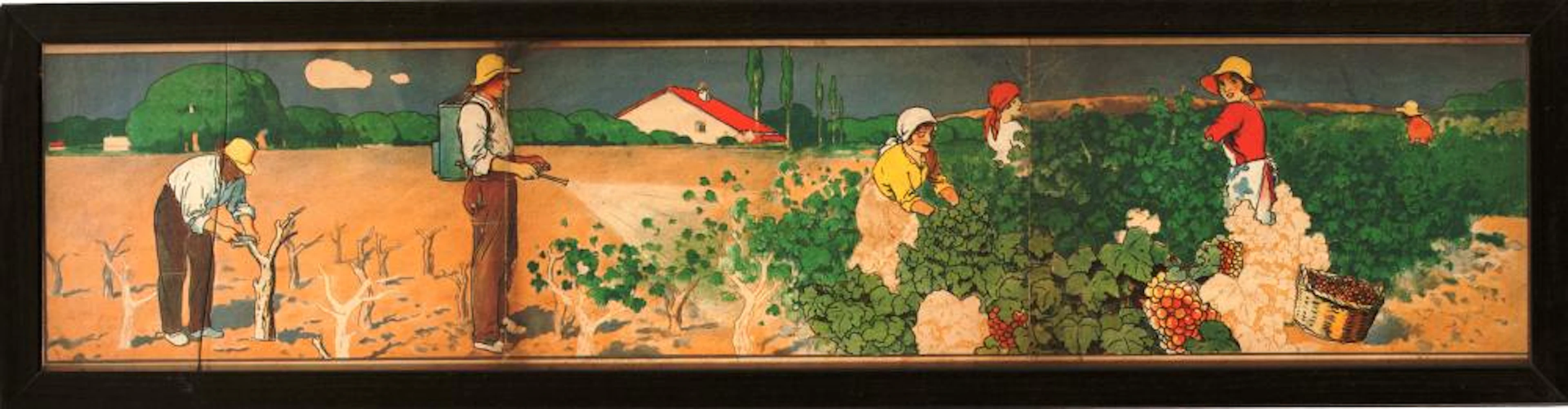 CULTIVO DE LA VID 3 CARTELES (PODA - VENDIMIA - ELABORACION DEL VINO). Ca.1900.