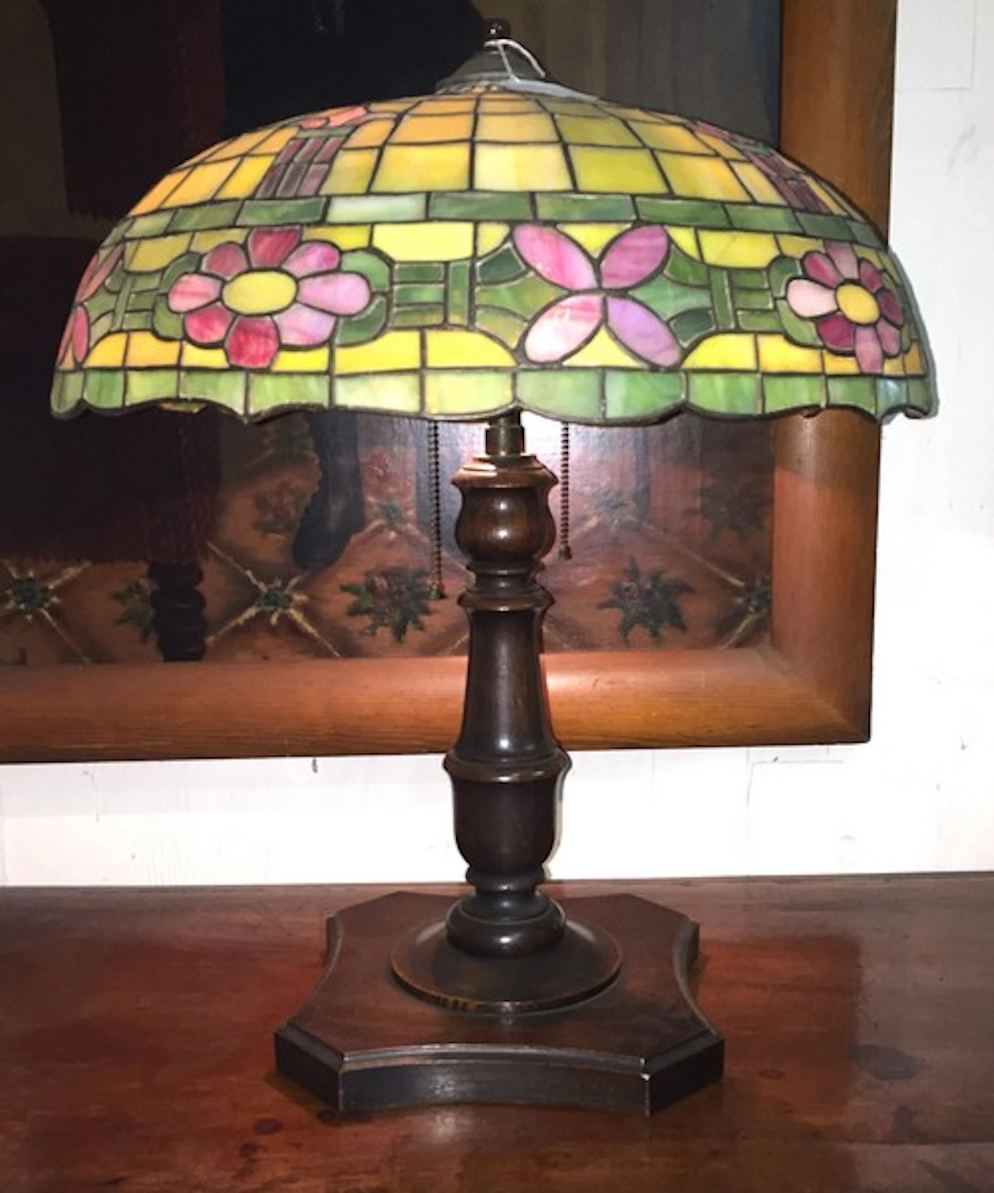 Antique Circa 1910 Stained Glass with Gilt Gold Table Lamp 26x21"