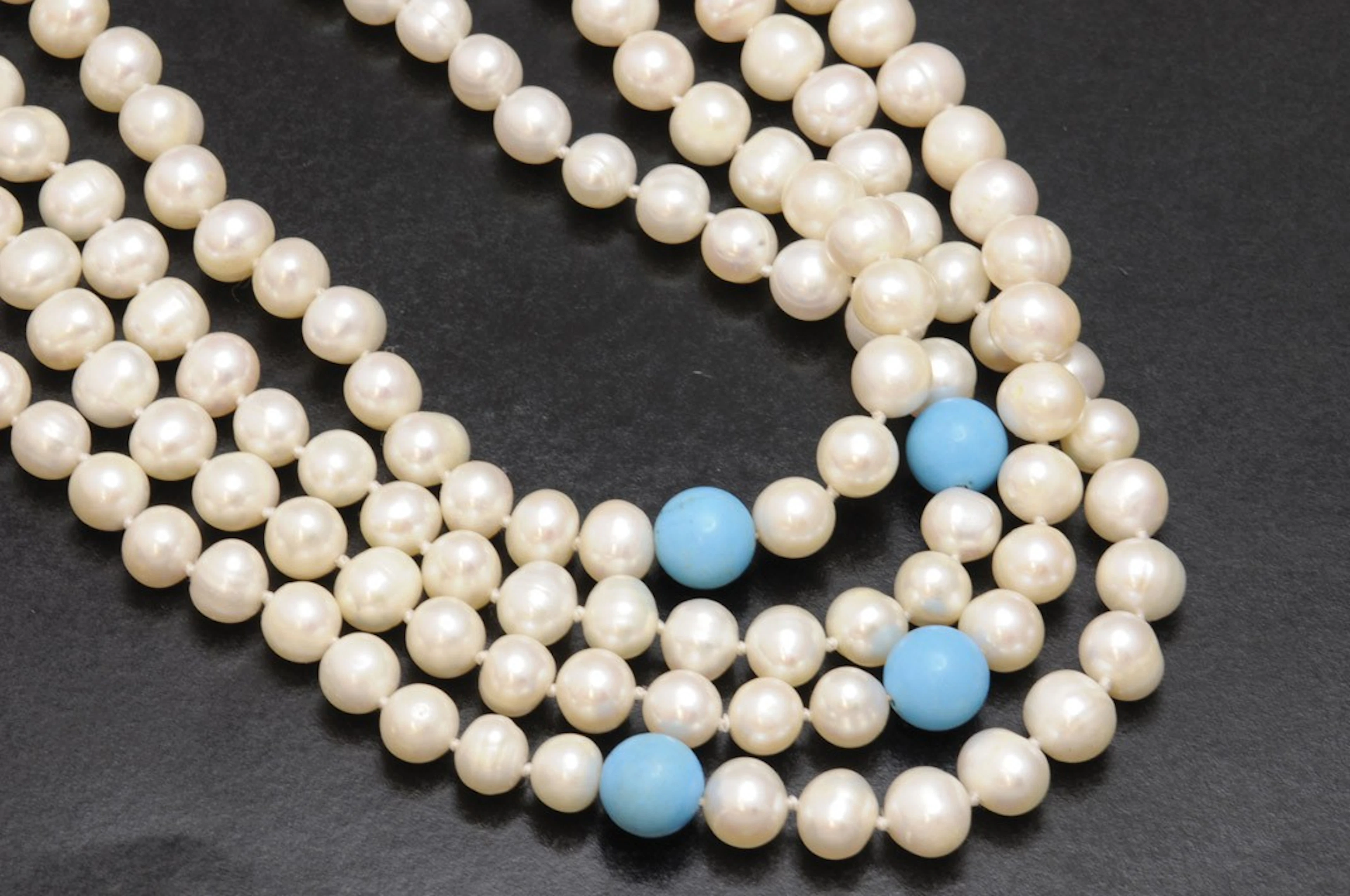 Collar de oro con perlas y turquesas