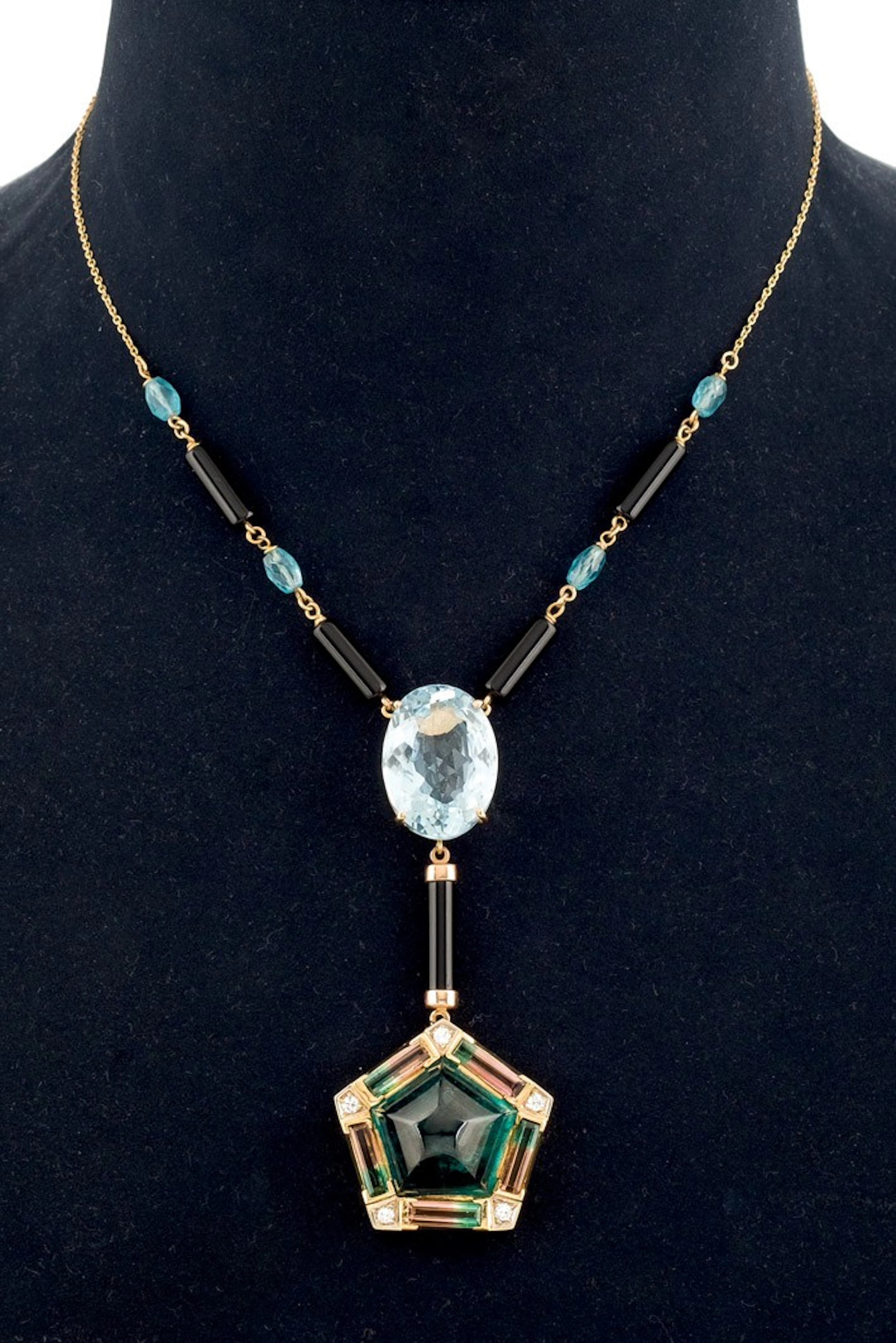 Collar de turmalina, diamantes y aguamarina