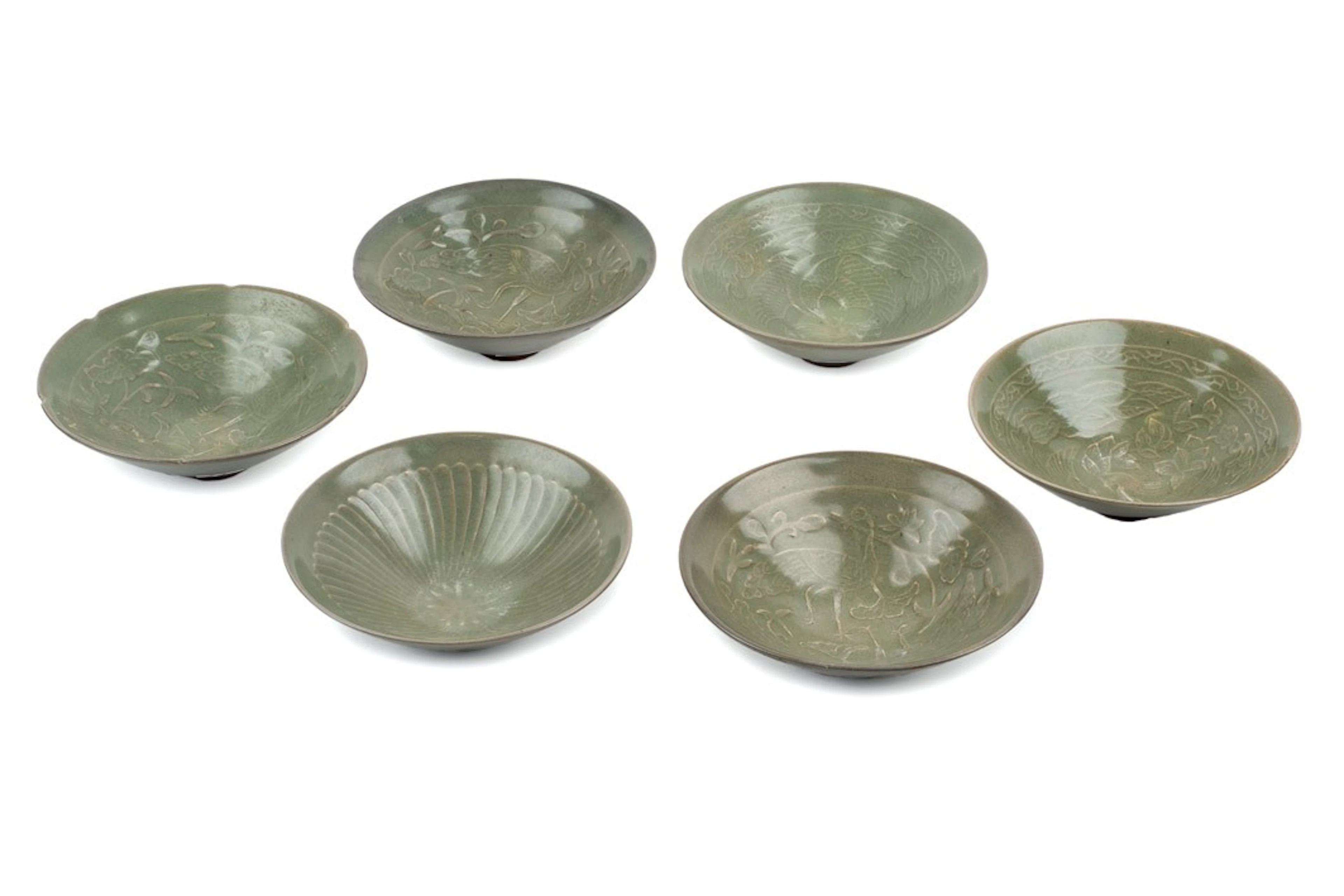 Seis cuencos en cerámica china verde celadón