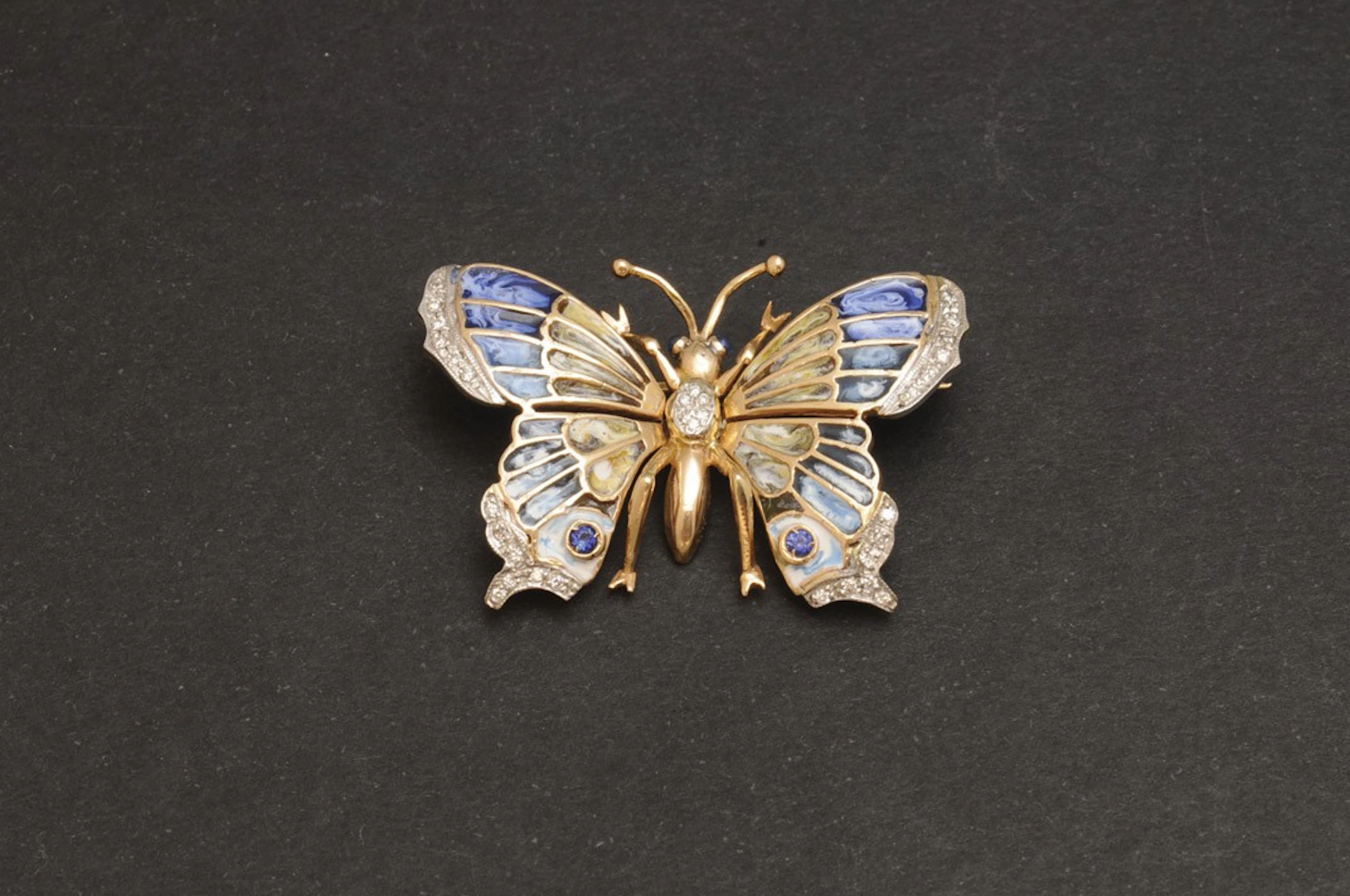 Broche mariposa de oro, esmaltes y diamantes