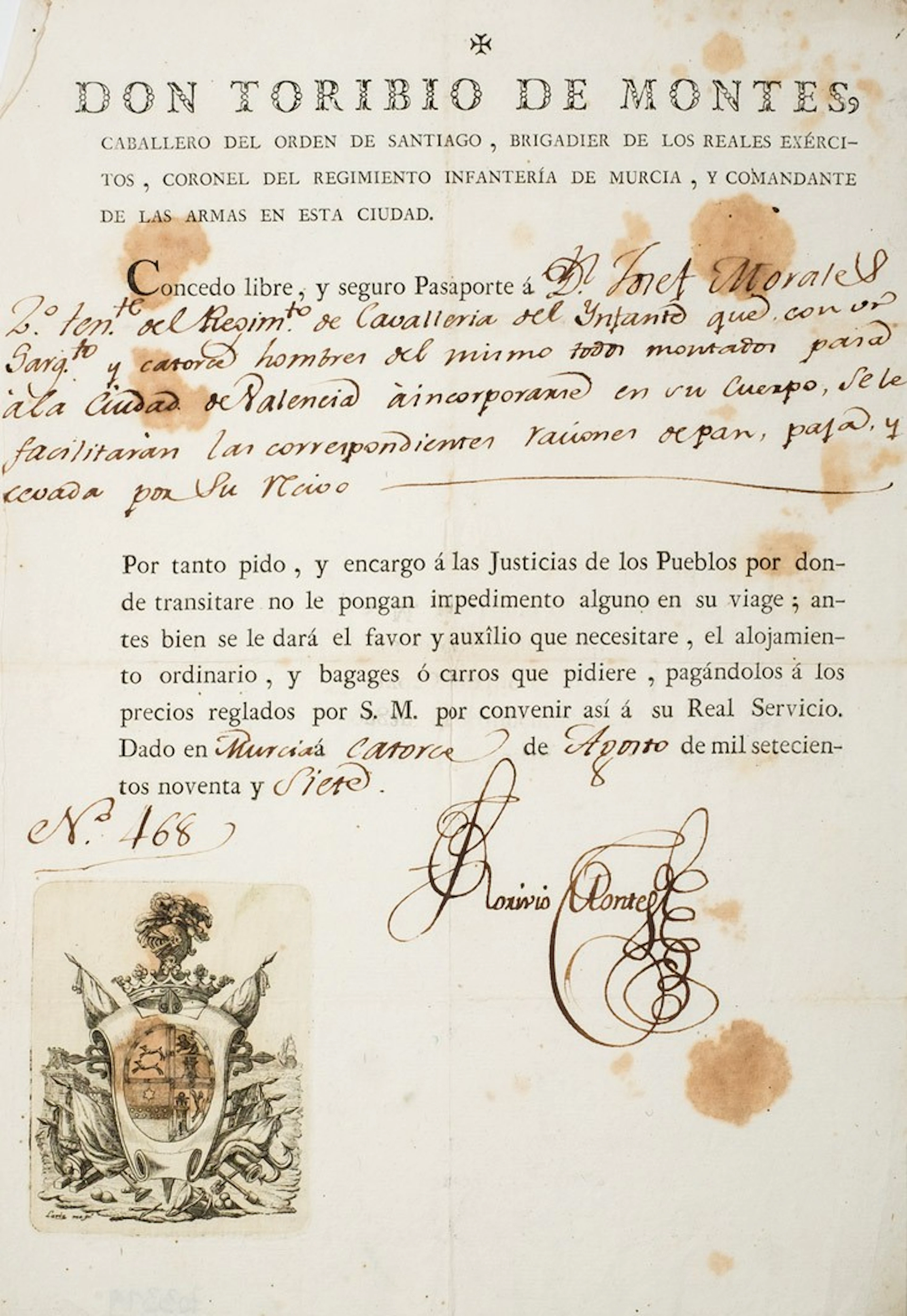 Don Toribio de Montes. Pasaporte. 1797