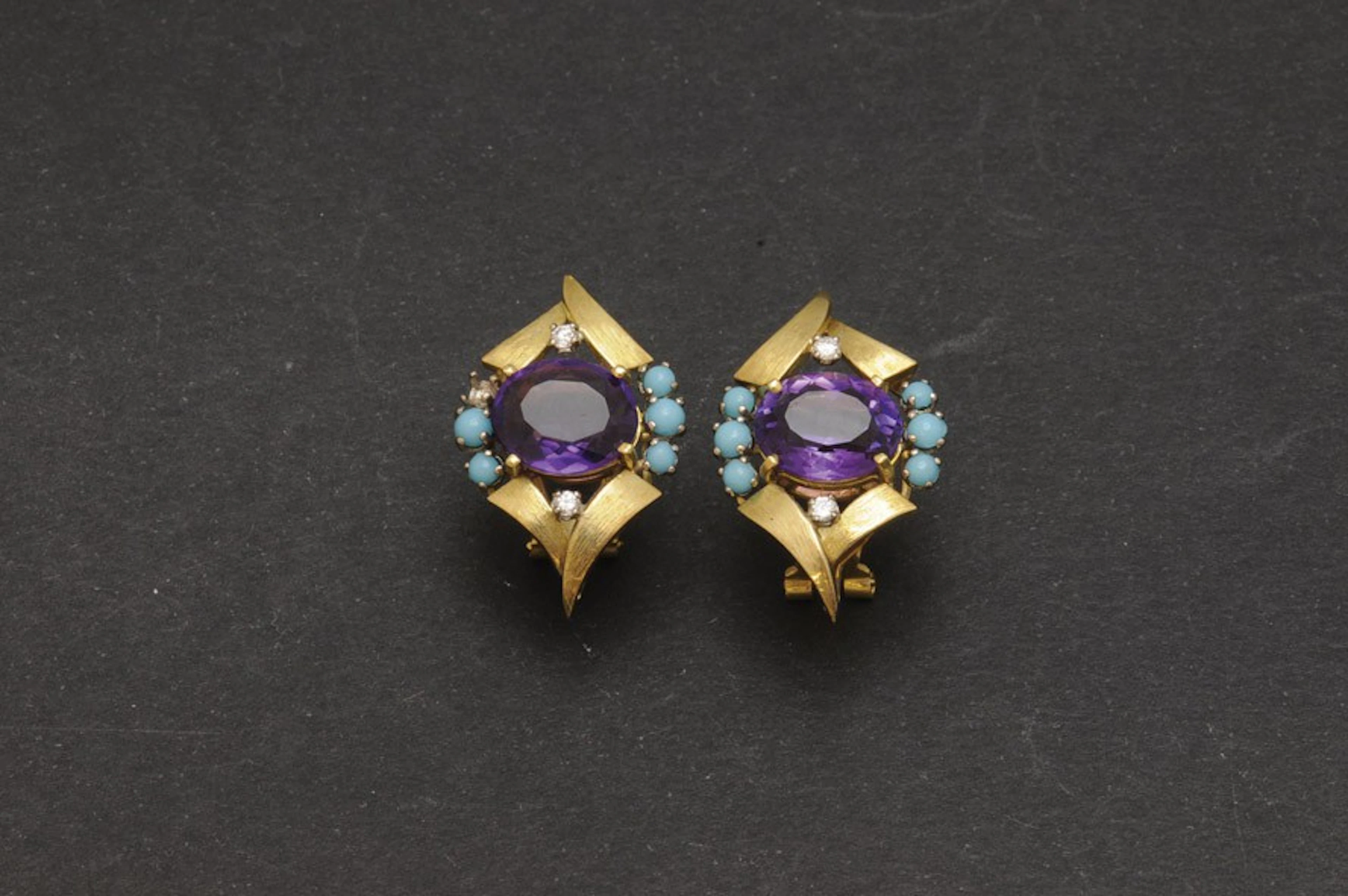 Pendientes con amatistas, turquesas y diamantes