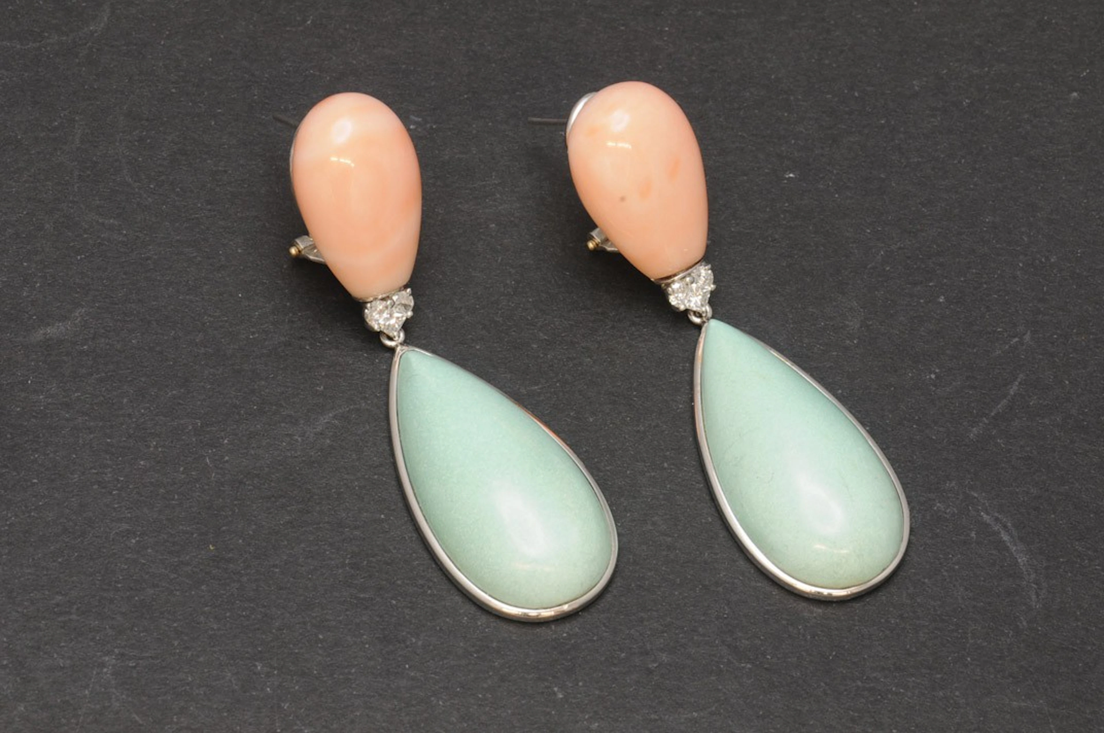 Pendientes con turquesa, coral y diamantes