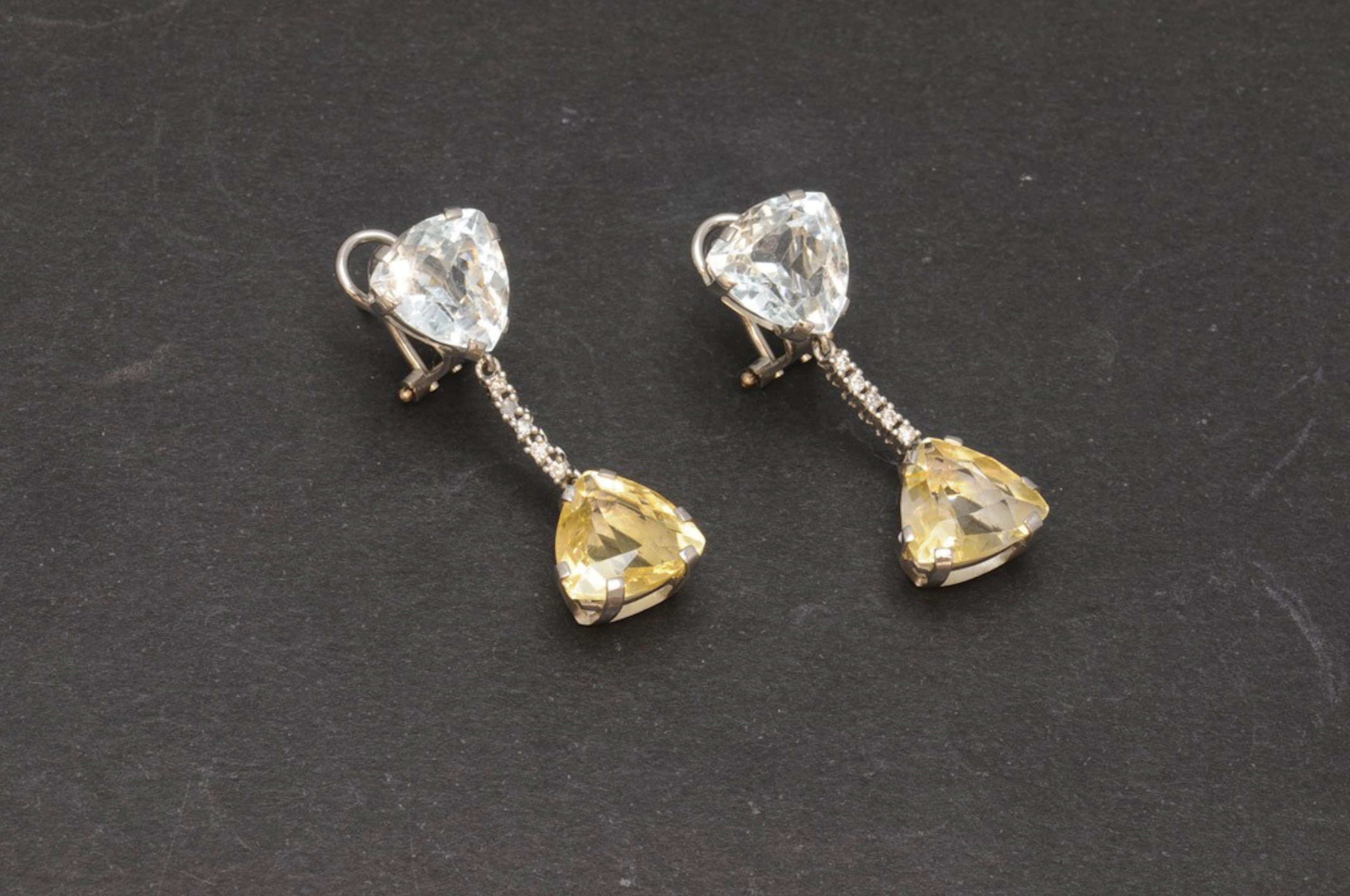 Pendientes de oro, aguamarina, citrino y diamante