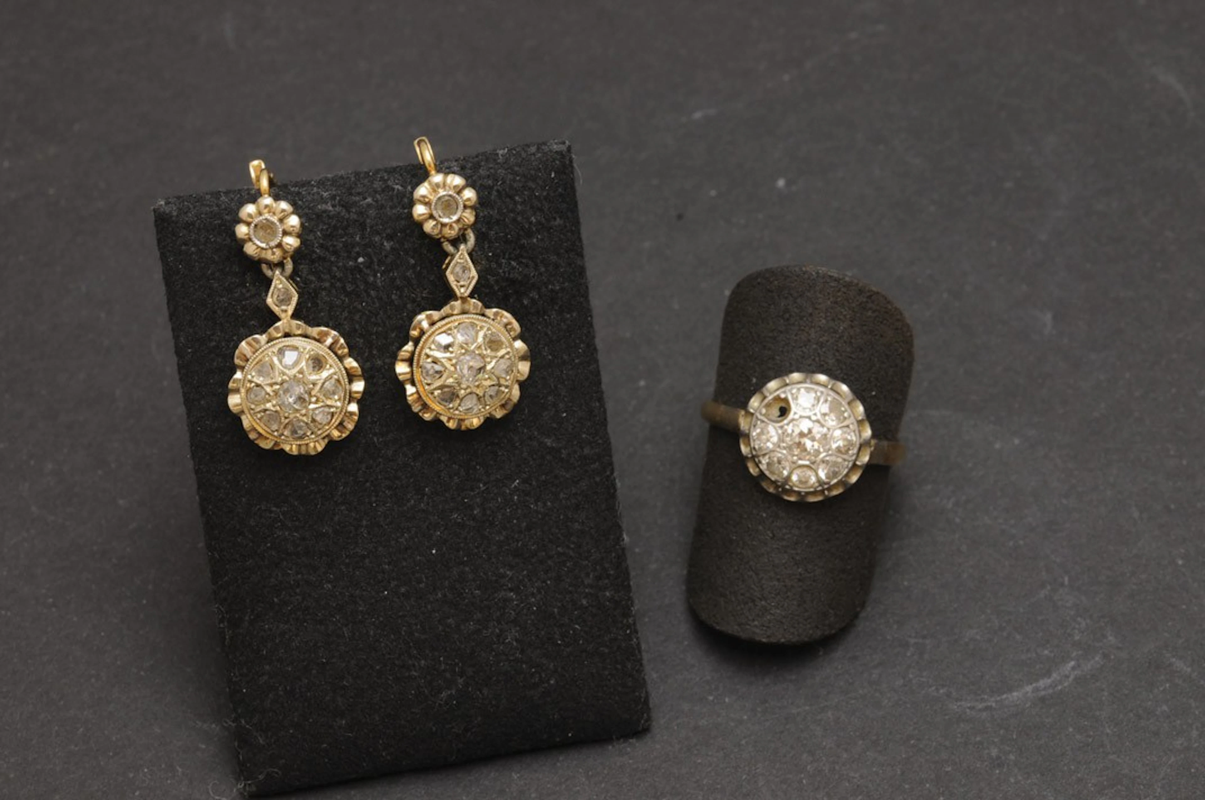 Pendientes y sortija antiguos con diamantes