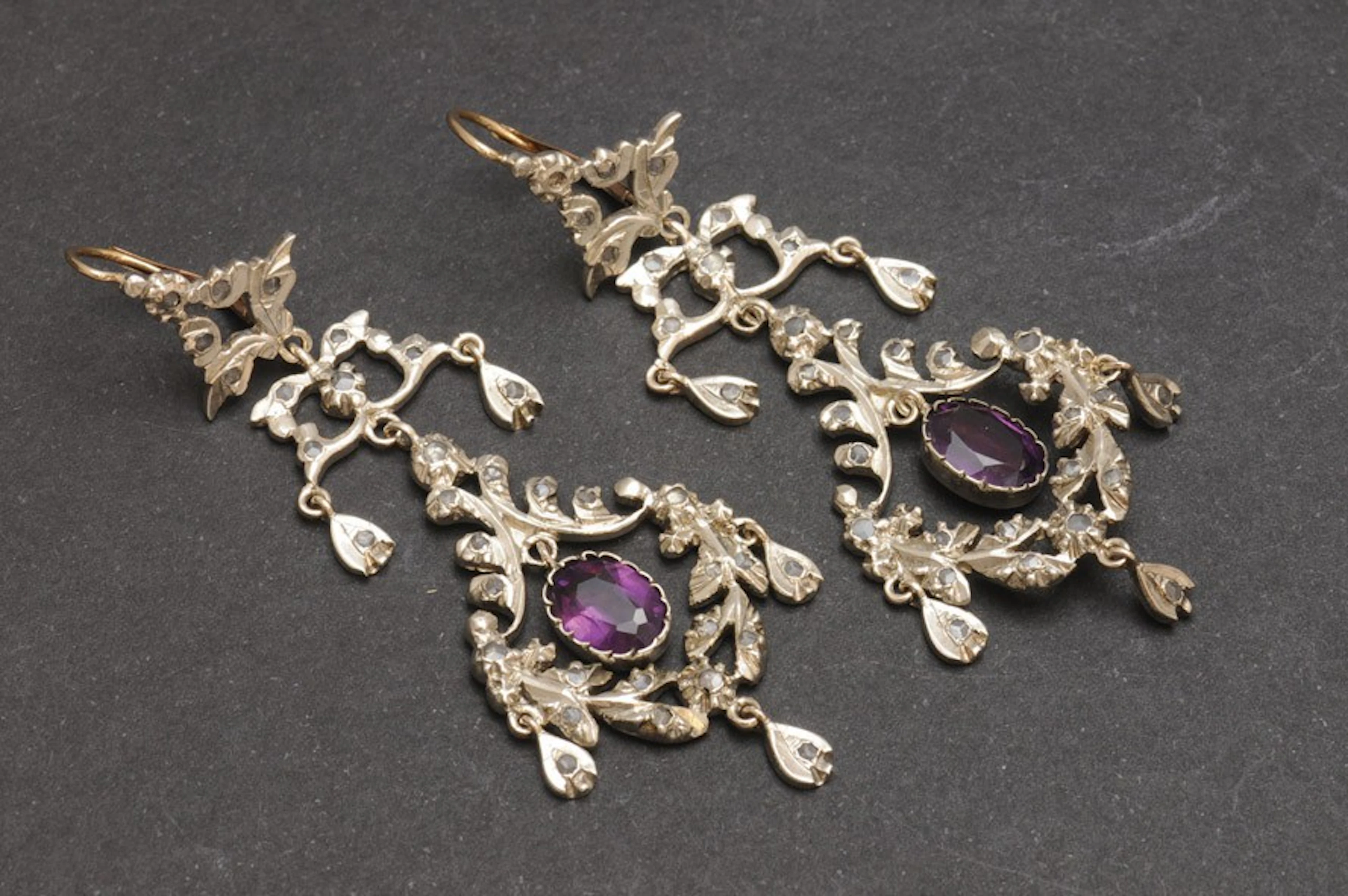 Pendientes de plata con amatista y diamantes