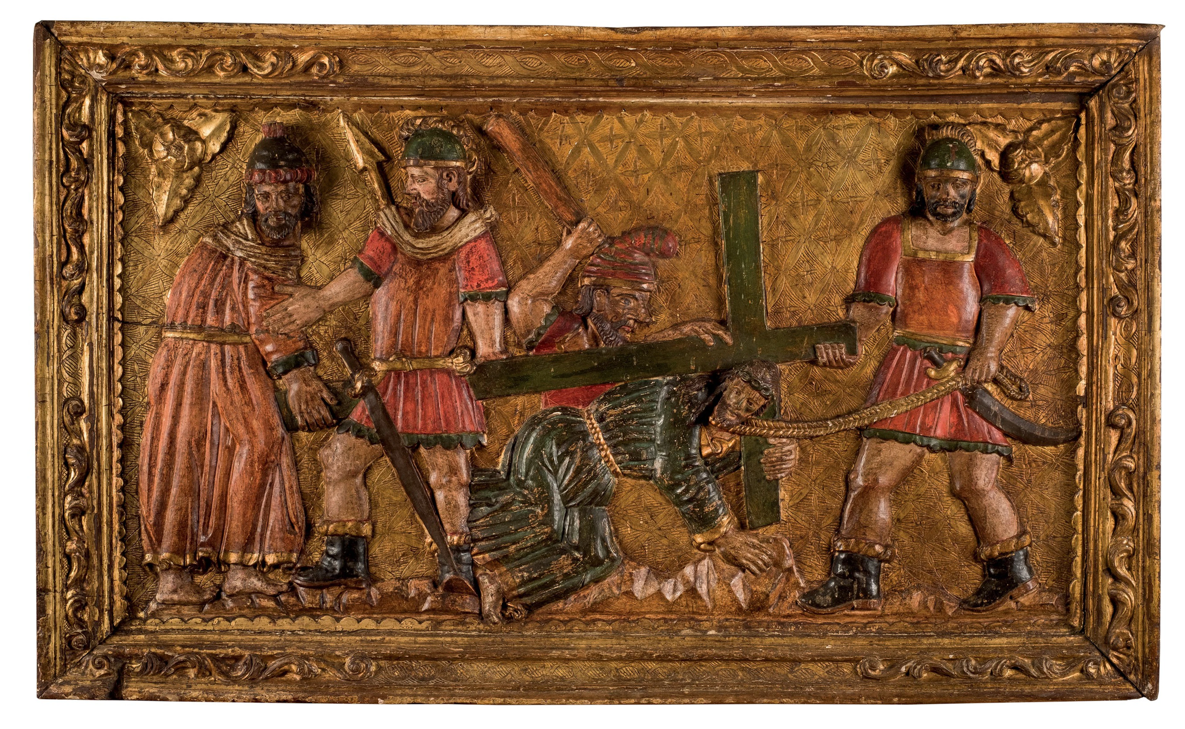 Relieve de madera. Cristo con la cruz. Antiguo