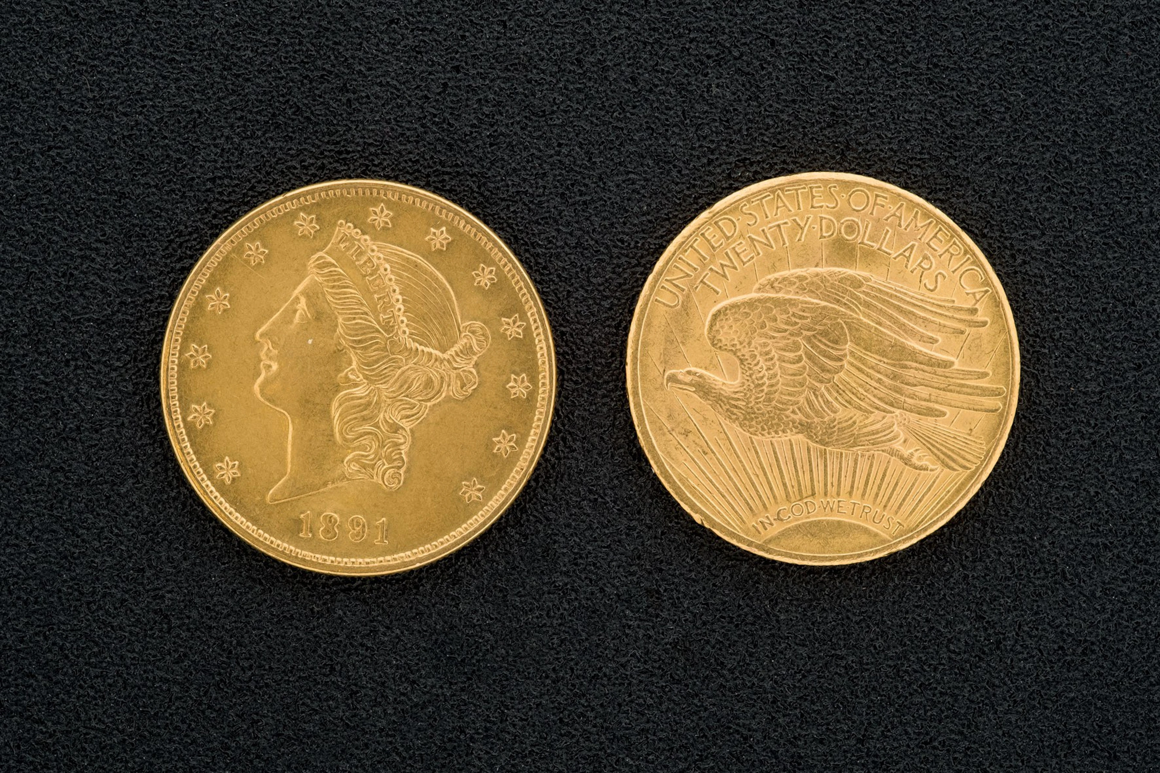 Dos monedas de 20 dólares USA, 1924 y 1891