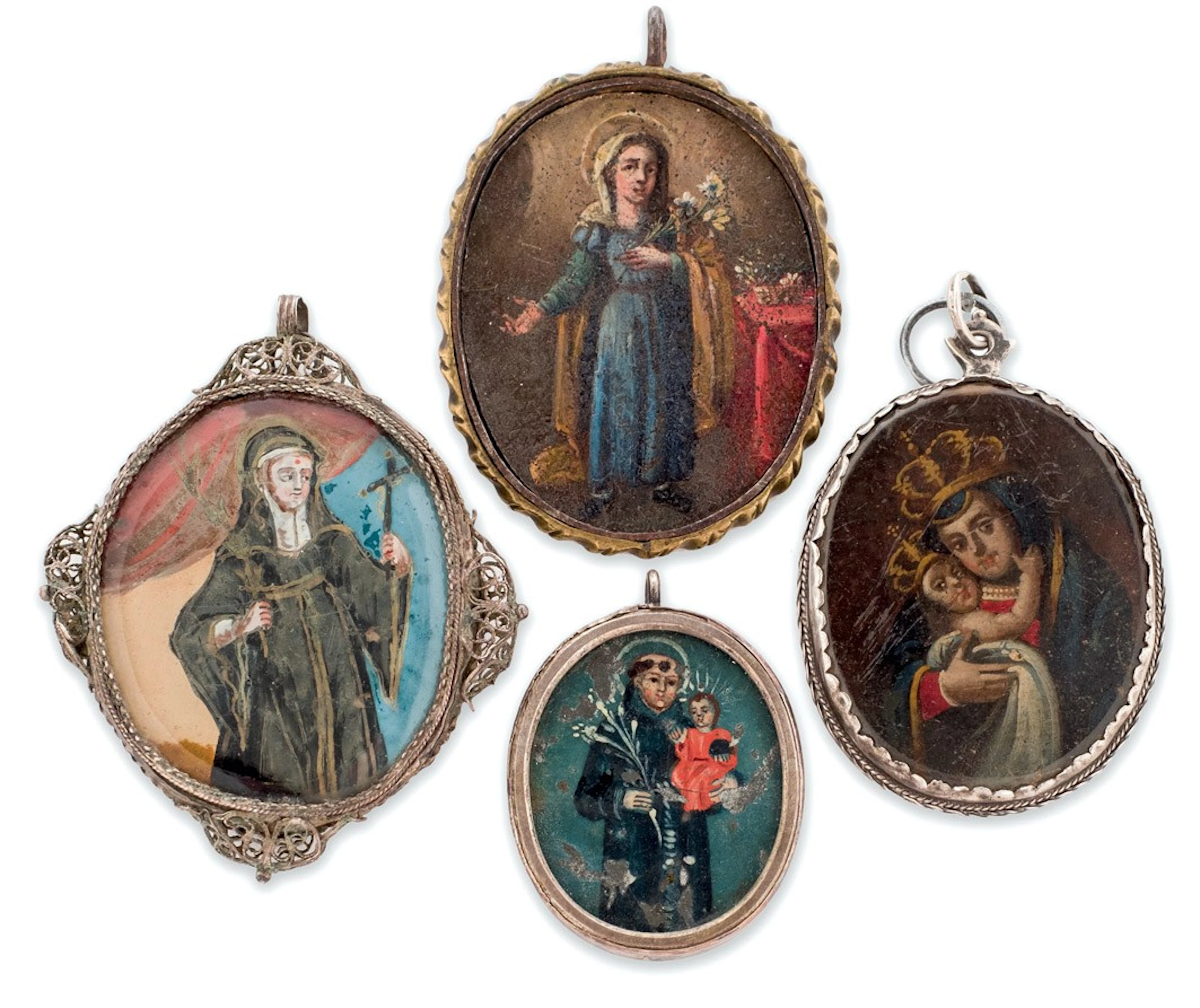 Lote de tres relicarios y una miniatura