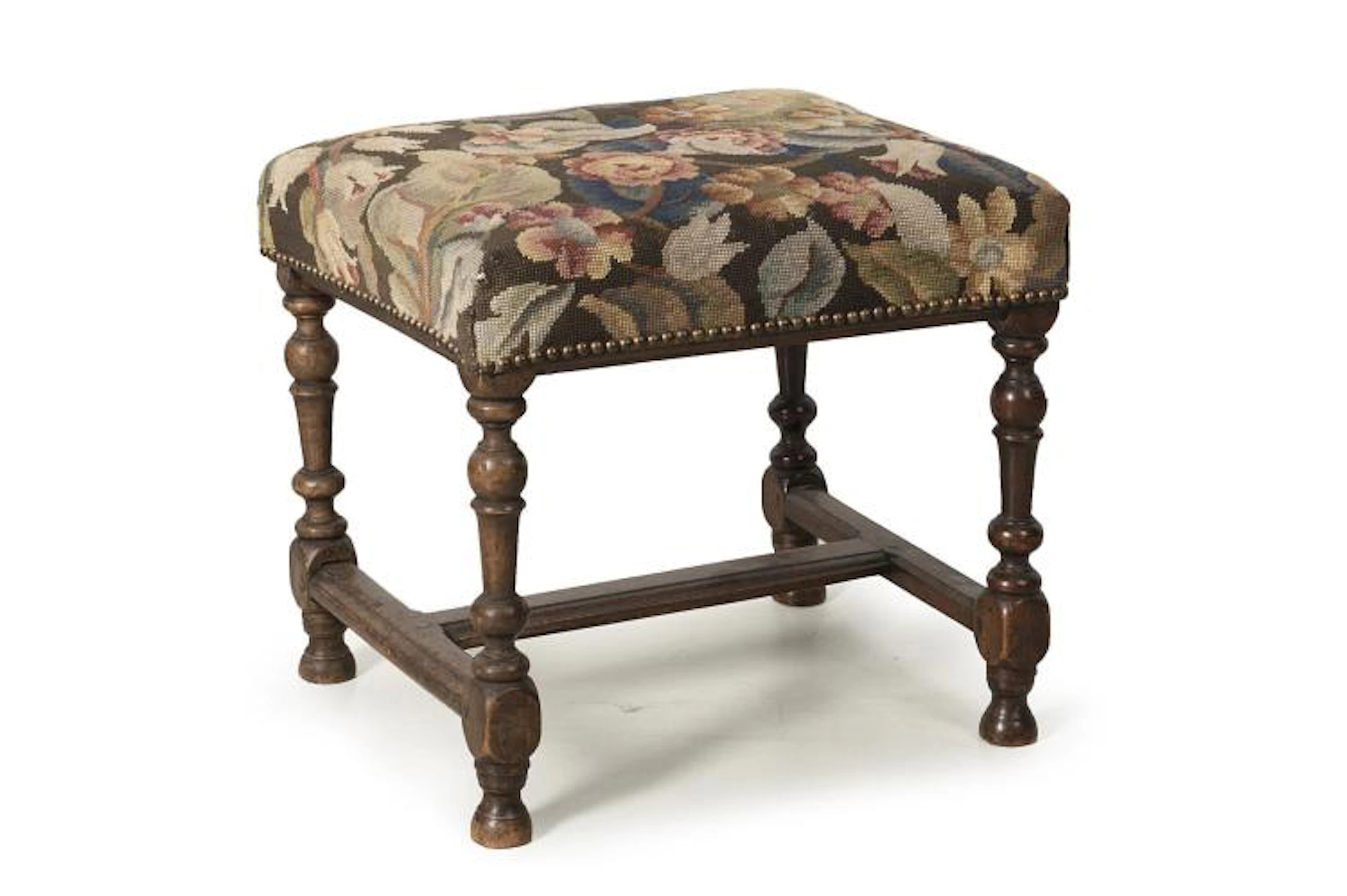 tabouret de style Louis XIII ancien à 4 pieds en bois tourné et entretoise en H