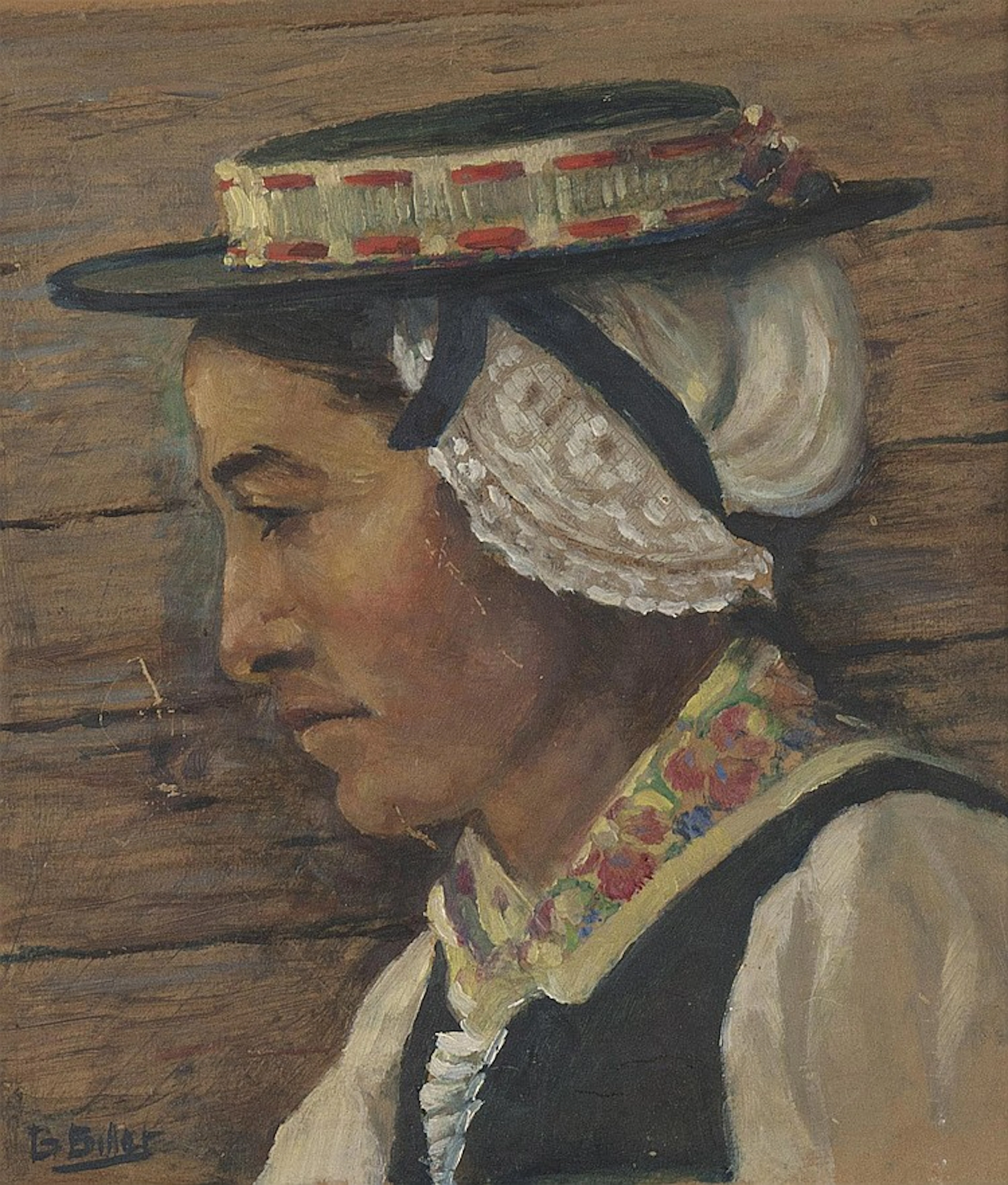 huile sur carton de G. Billet XXe 'Profil de femme en costume d'Evolène' sbg