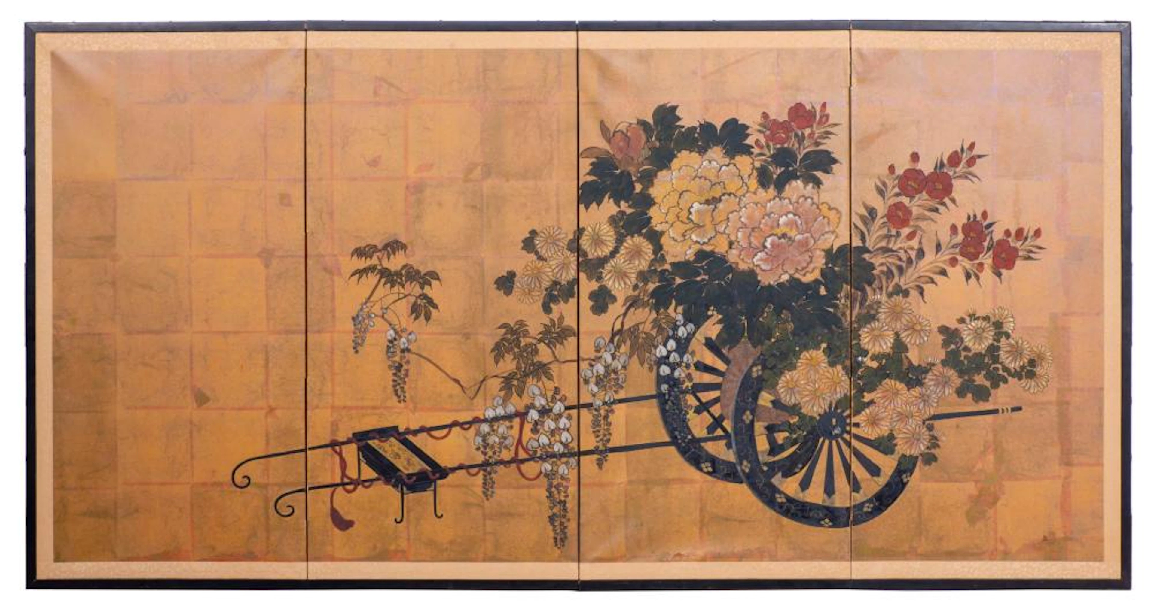 Paravent japonais à 4 feuilles représentant un chariot fleuri hanaguruma. XIXe