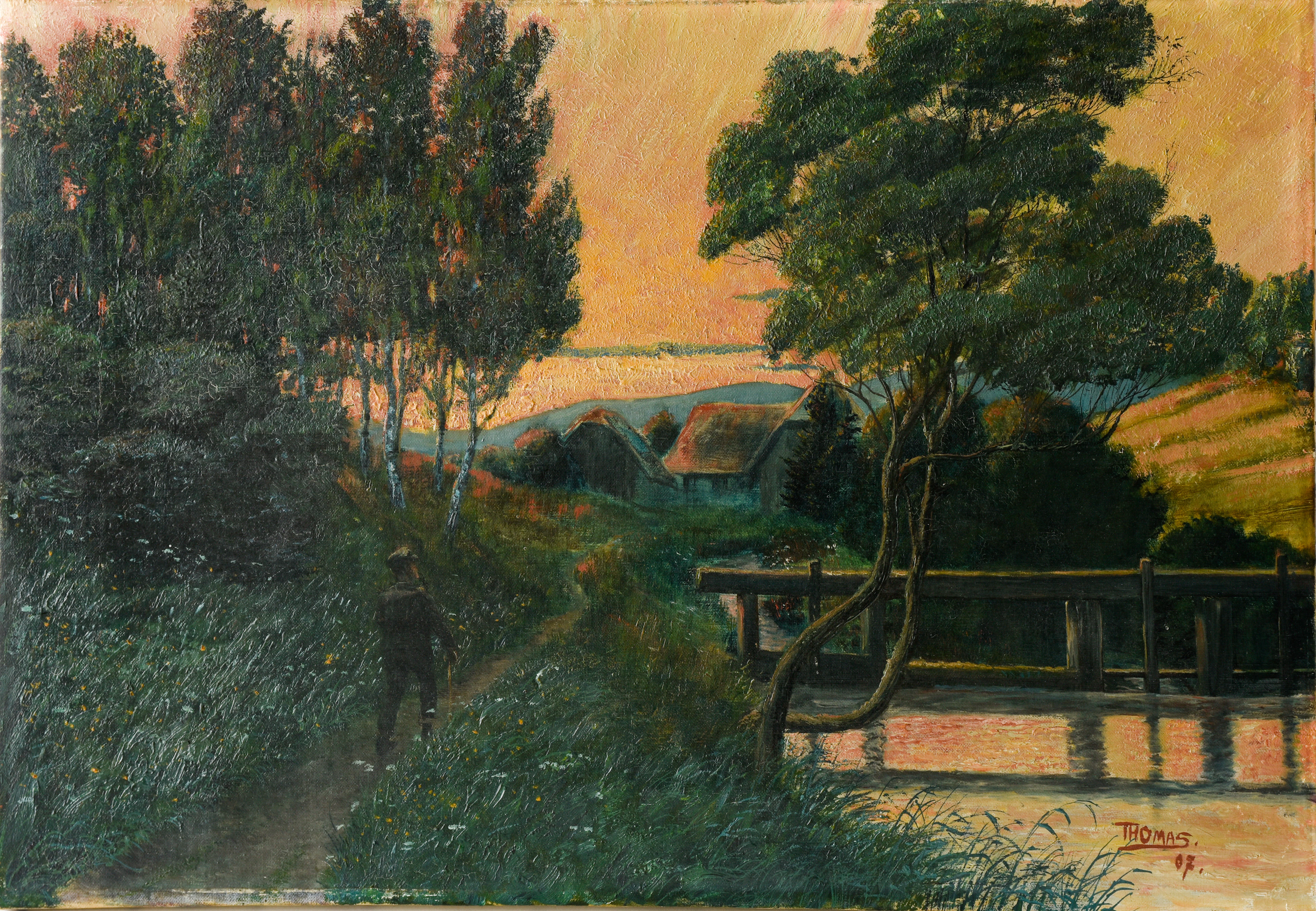 FERDINAND THOMAS. "Abendwanderung am Mühlbach", Öl auf Leinwand, sign. u. dat. "THOMAS 07".