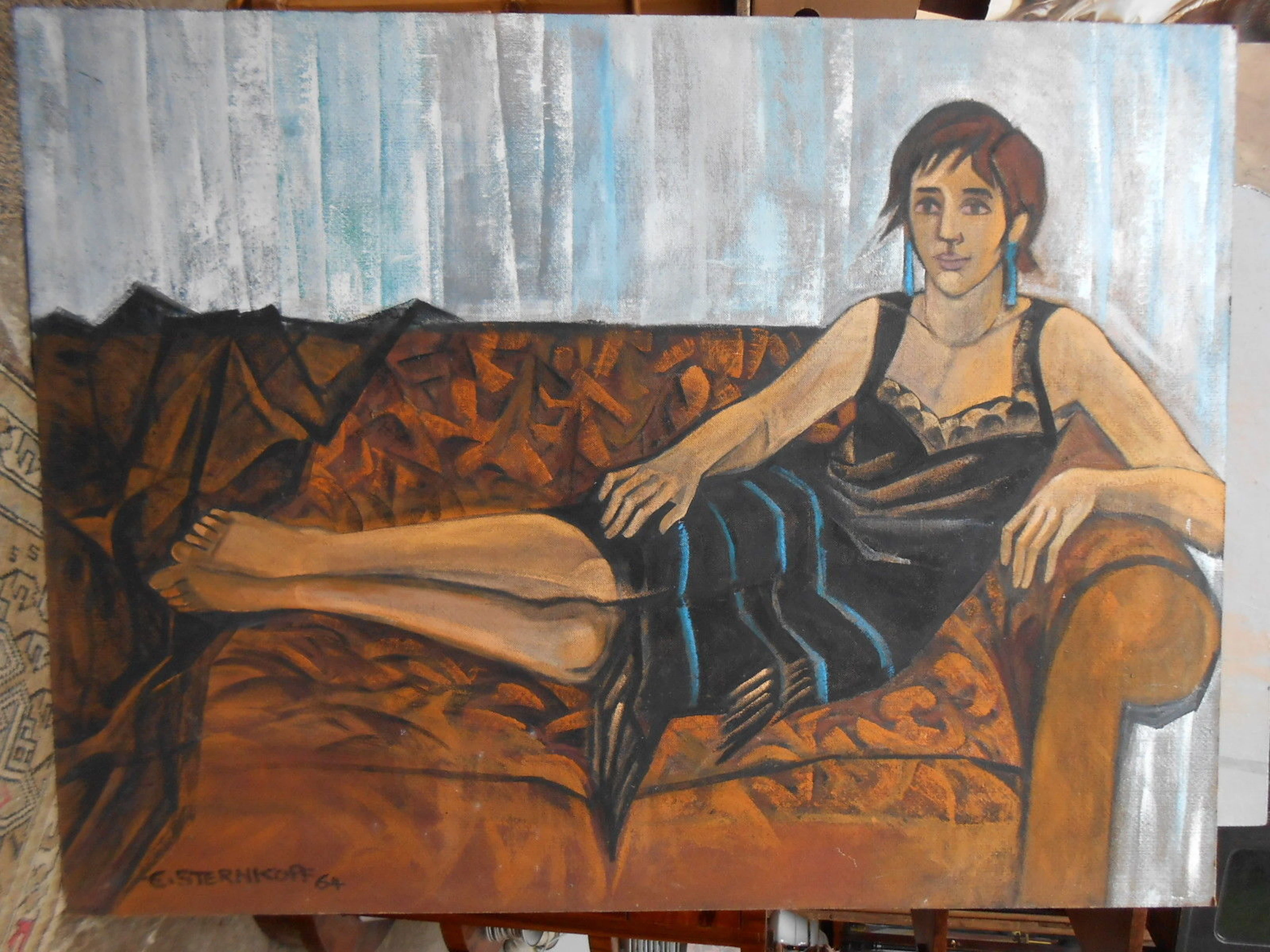 E.STERNKOPF. VIOLA BLANKENBURG, Tempera auf Pressspan,Halbakt Sofa Friedel Peisert Tübingen 1964.
