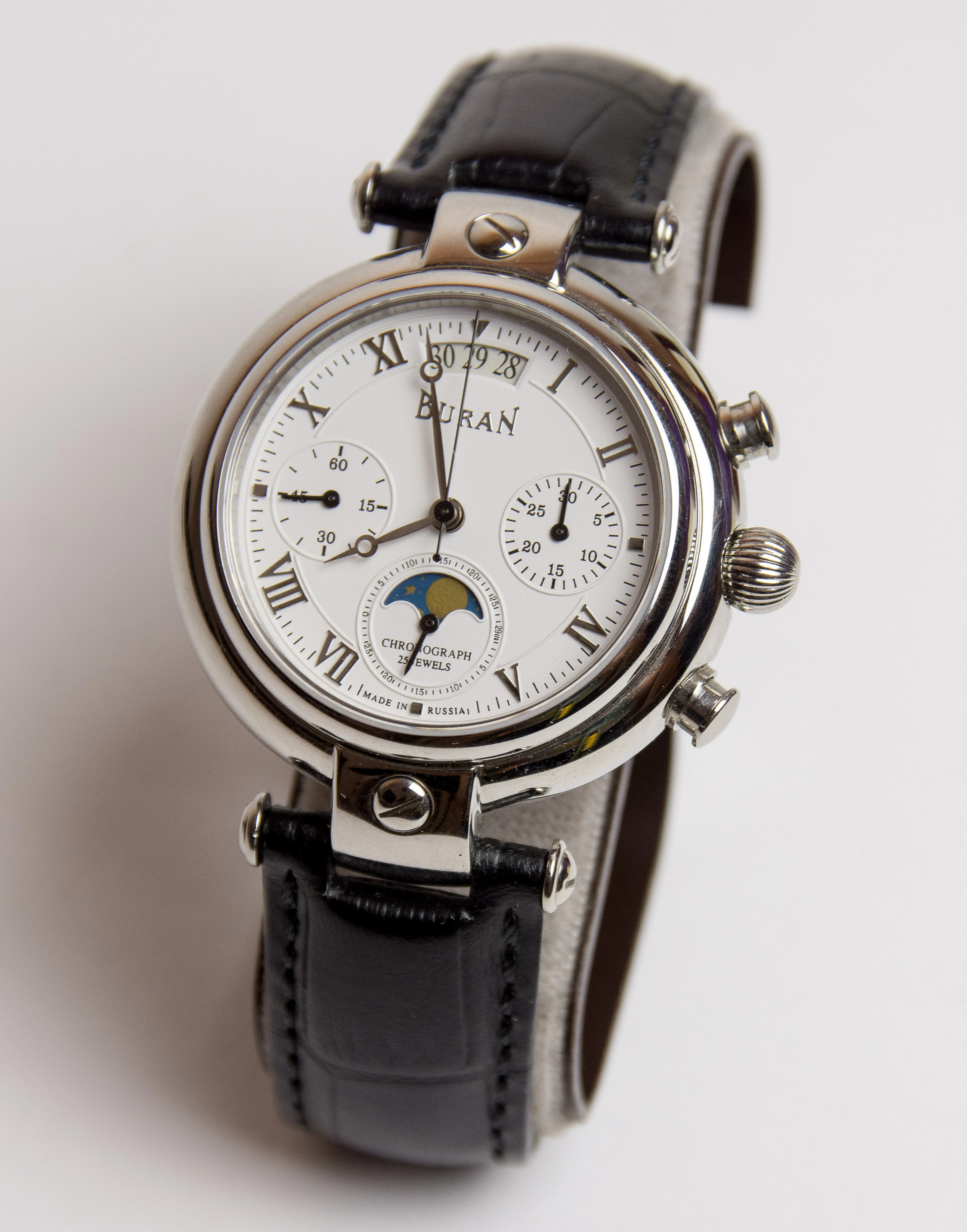 BURAN. "Aviator" Poljot Chronograph 31679 Russian mechanical moon phase watch Mondkalender.