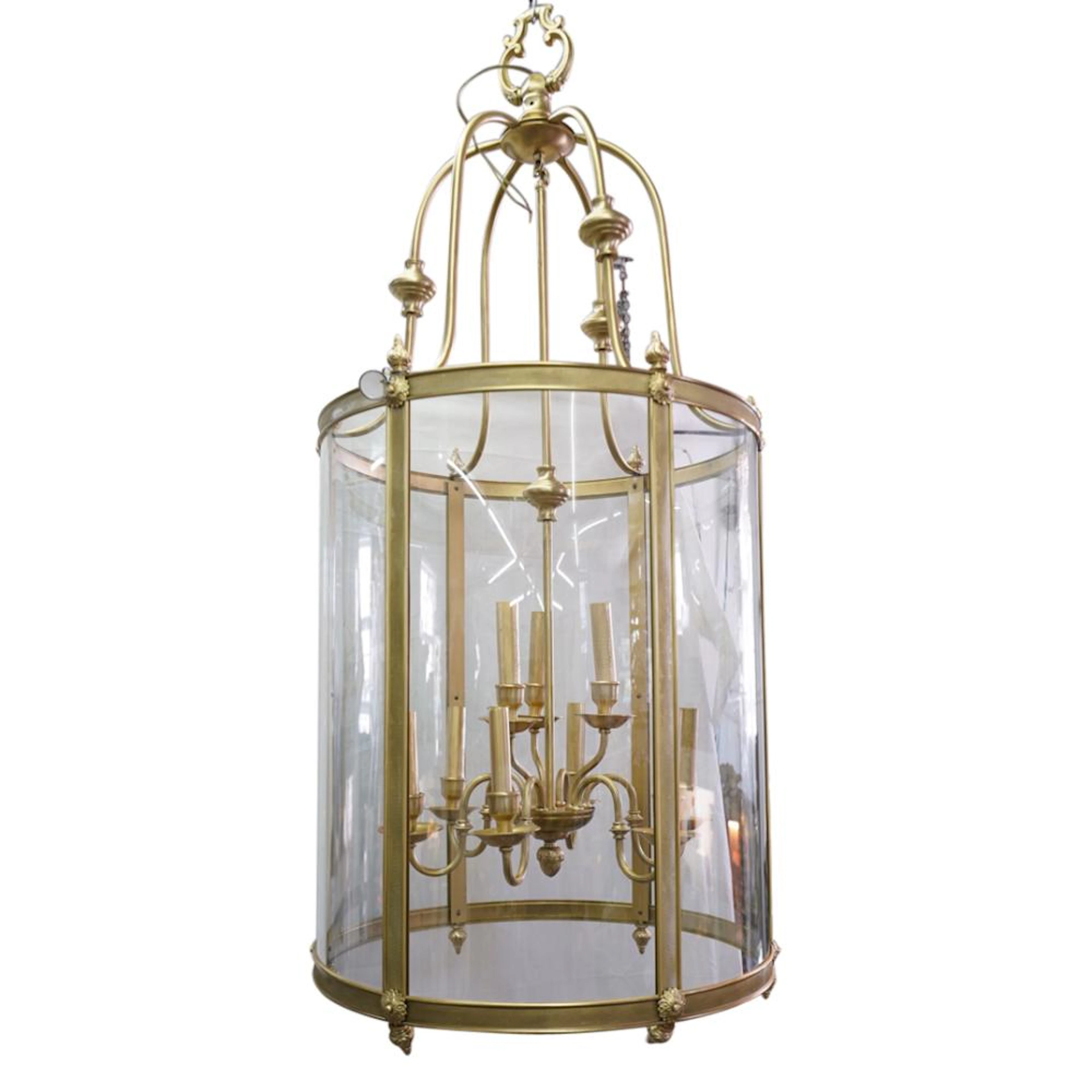 Large Brass & Glass Lantern Foyer Chandelier