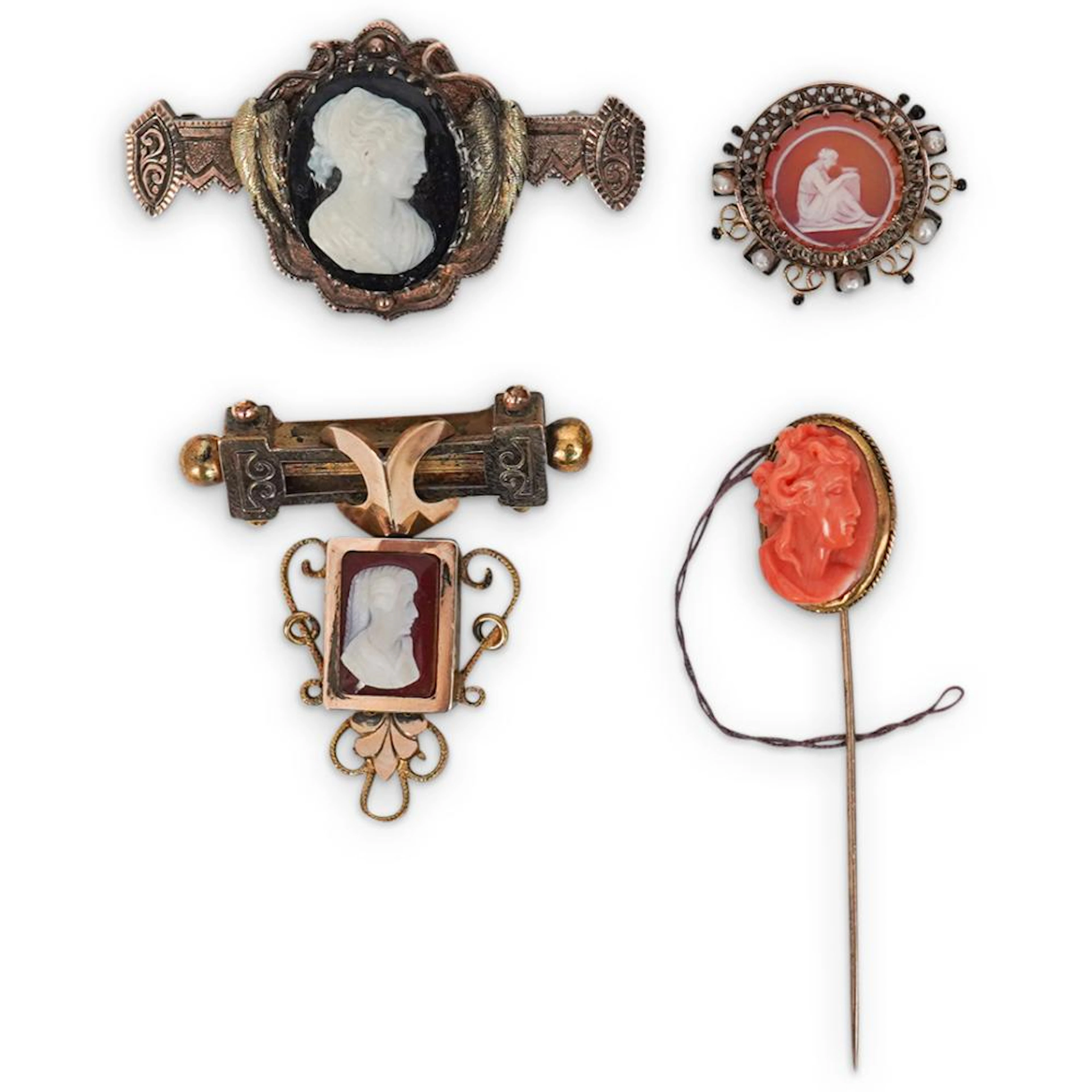 (4 Pc) Antique Gold Plated Cameo Jewelry