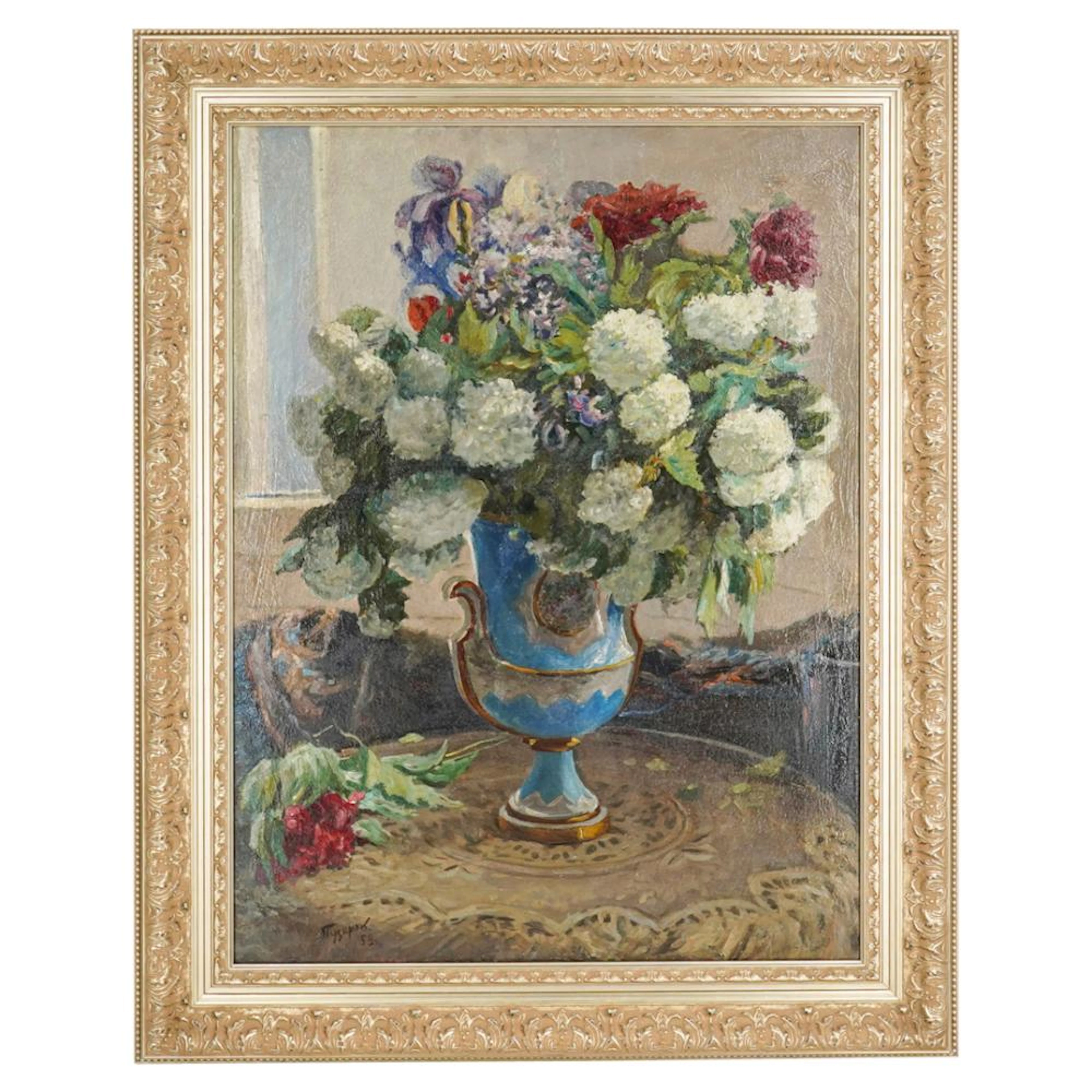 Russian Signed Still Life Of Flowers In Blue Vase Oil Painting On Canvas