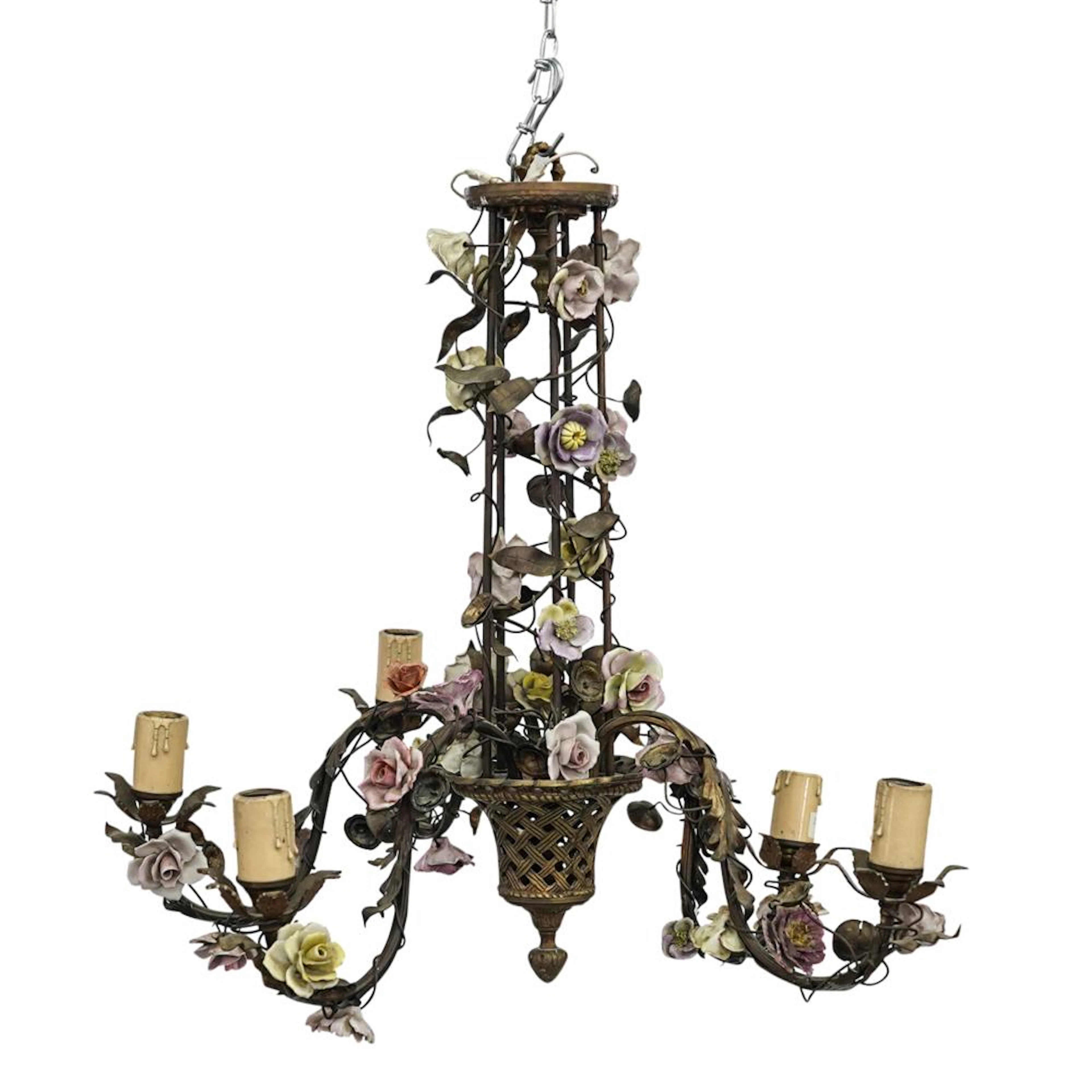 Bronze Chandelier With Porcelain Flowers