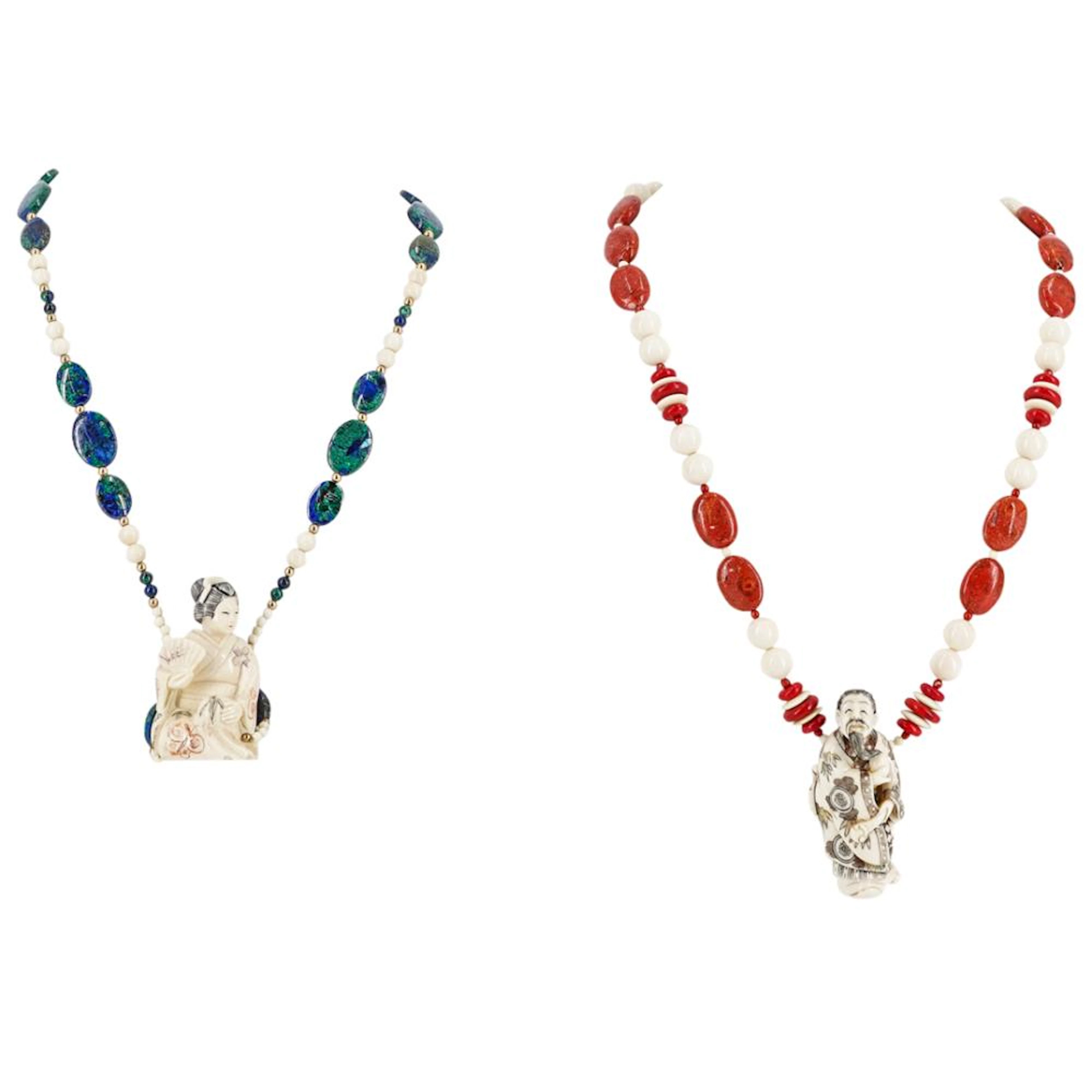 (2 Pc) Beaded Resin Netsuke Necklaces