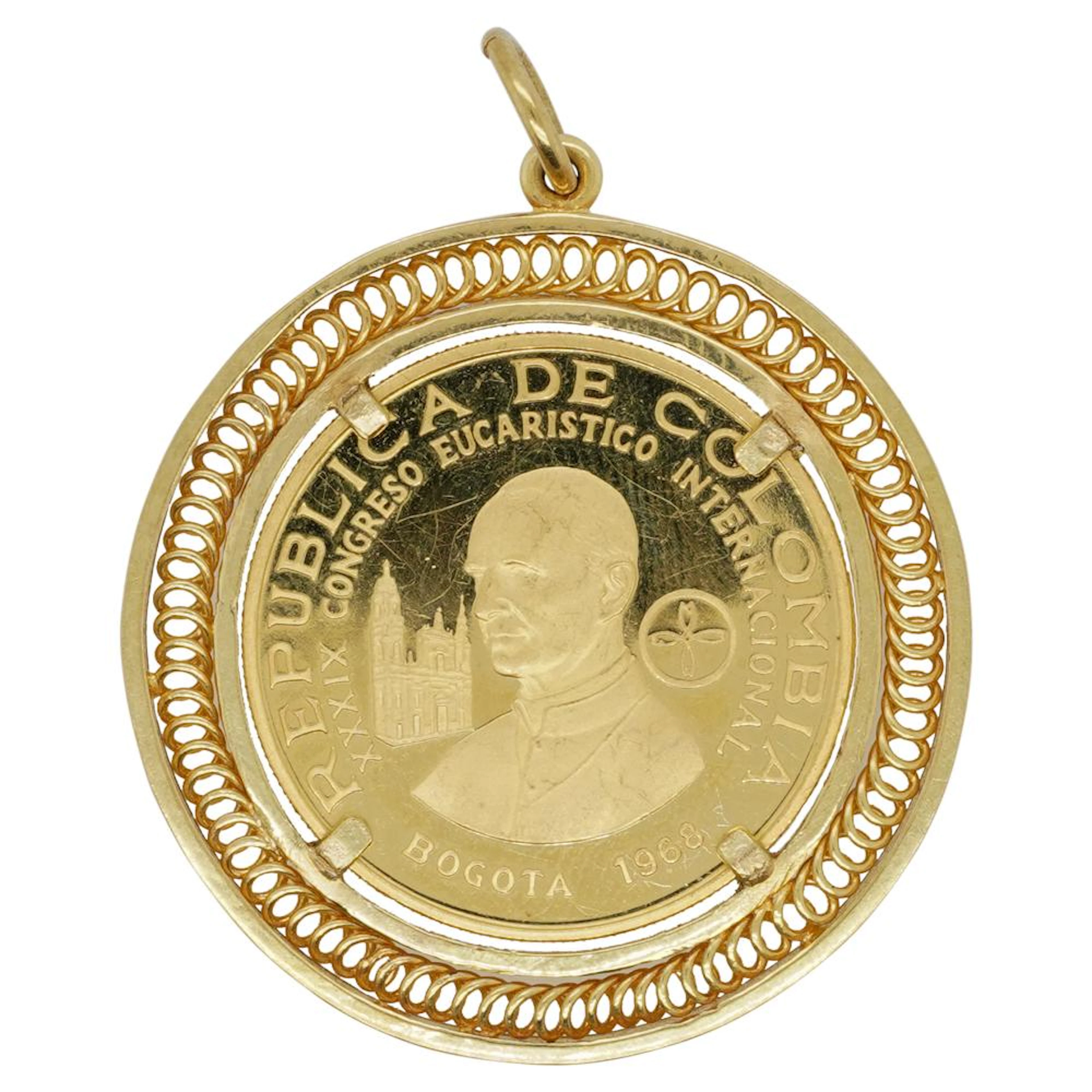22K Gold Colombian 300 Peso Coin 14K Gold Pendant