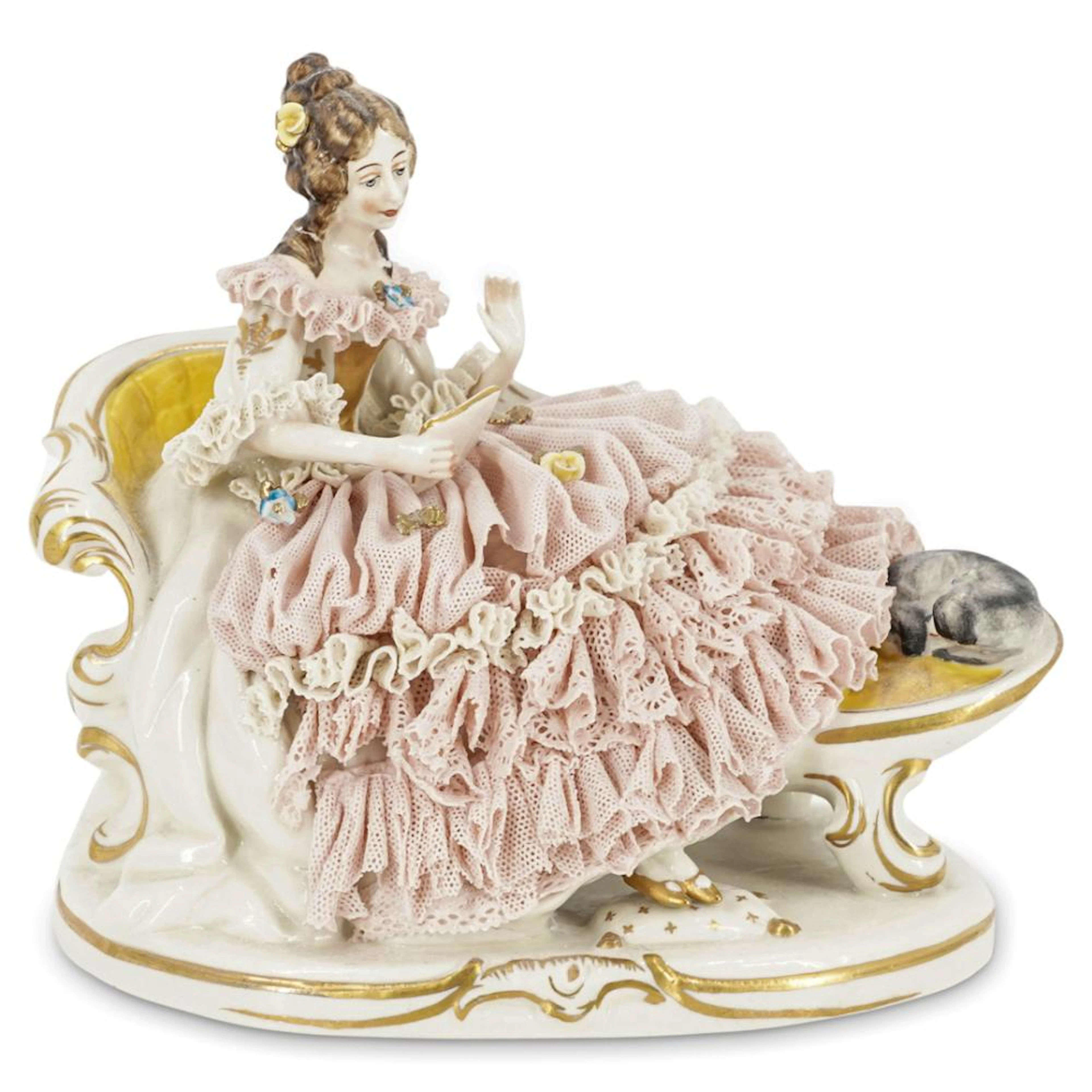 Dresden Porcelain Figurine- Lady Reading On A Chaise Lounge